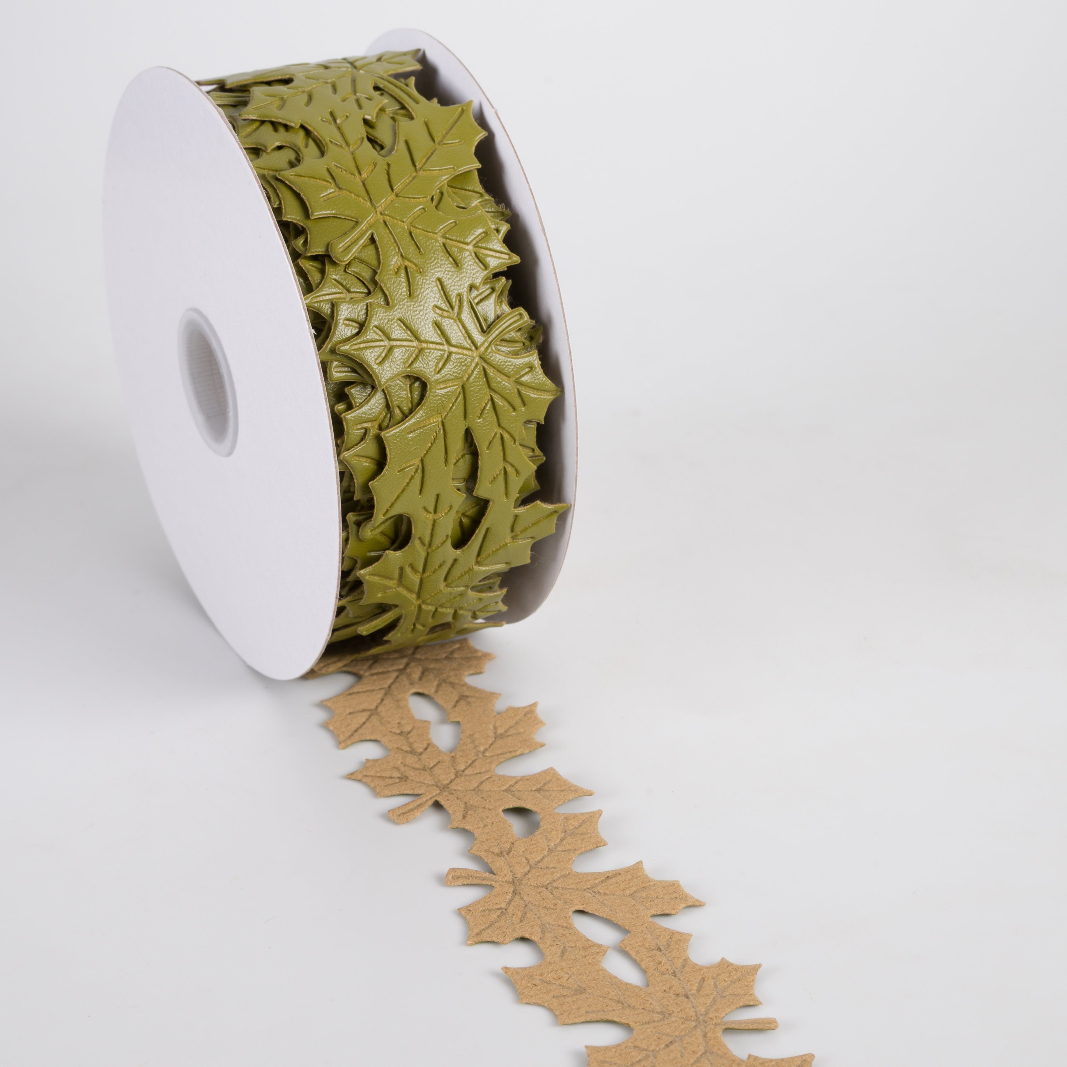 1.5" Unwired Faux Leather Leaf Cutout Ribbon: Moss Green (10 Yards) detail photo 3