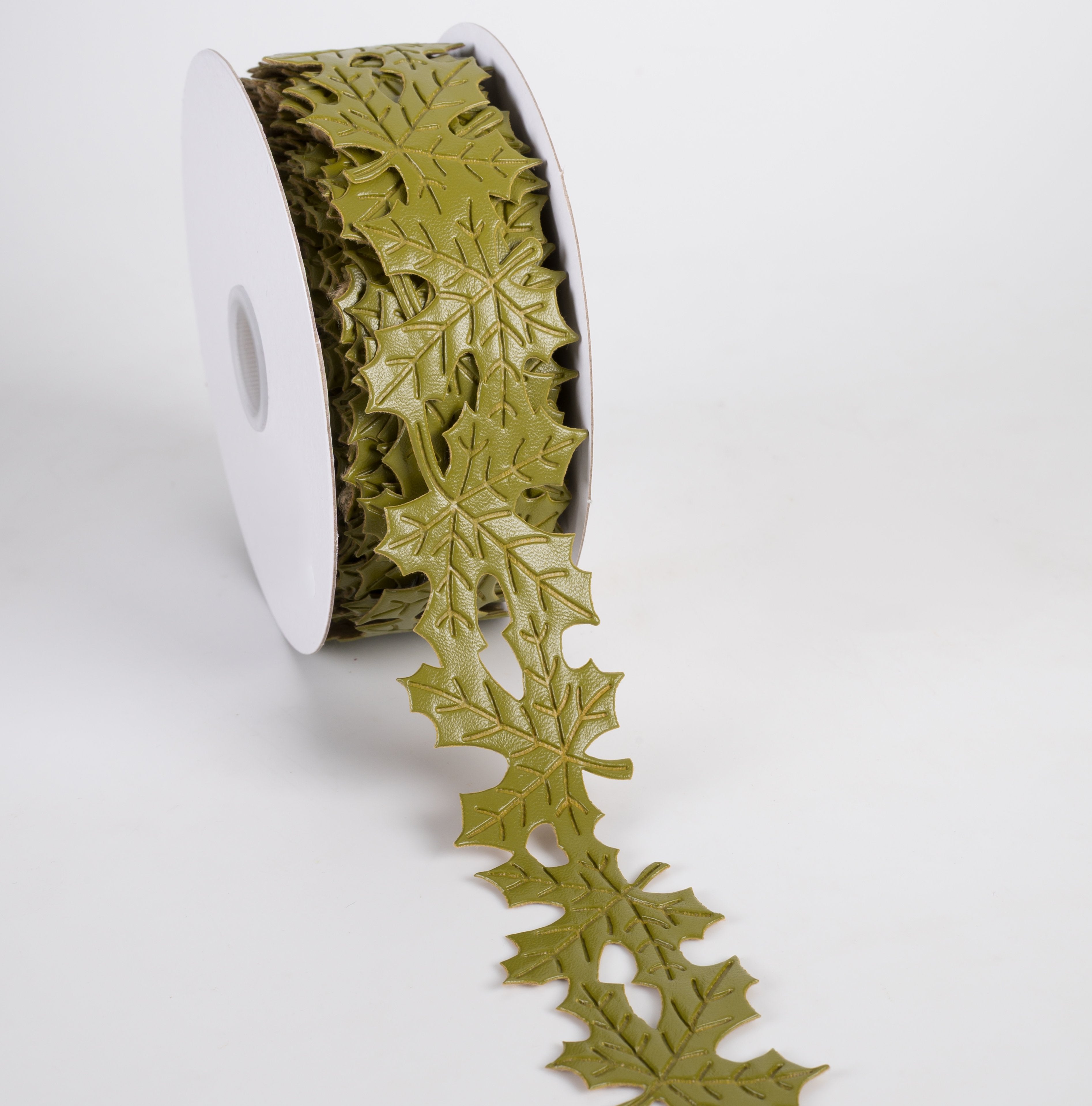1.5" Unwired Faux Leather Leaf Cutout Ribbon: Moss Green (10 Yards) Lifestyle Photo