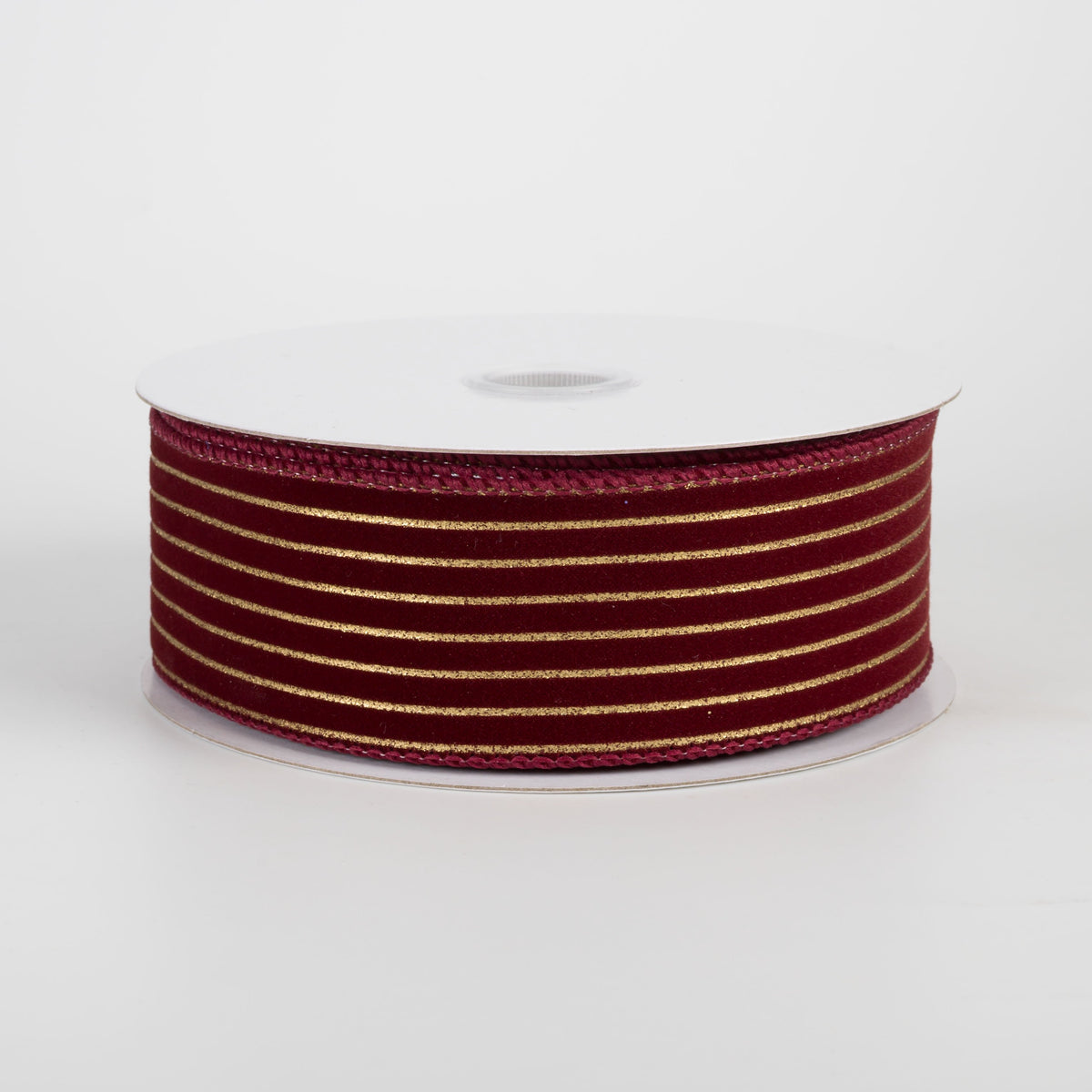 1.5" Velvet Pressed Thin Stripes Ribbon: Burgundy & Gold (10 Yards) Item Number: 71665-09-10