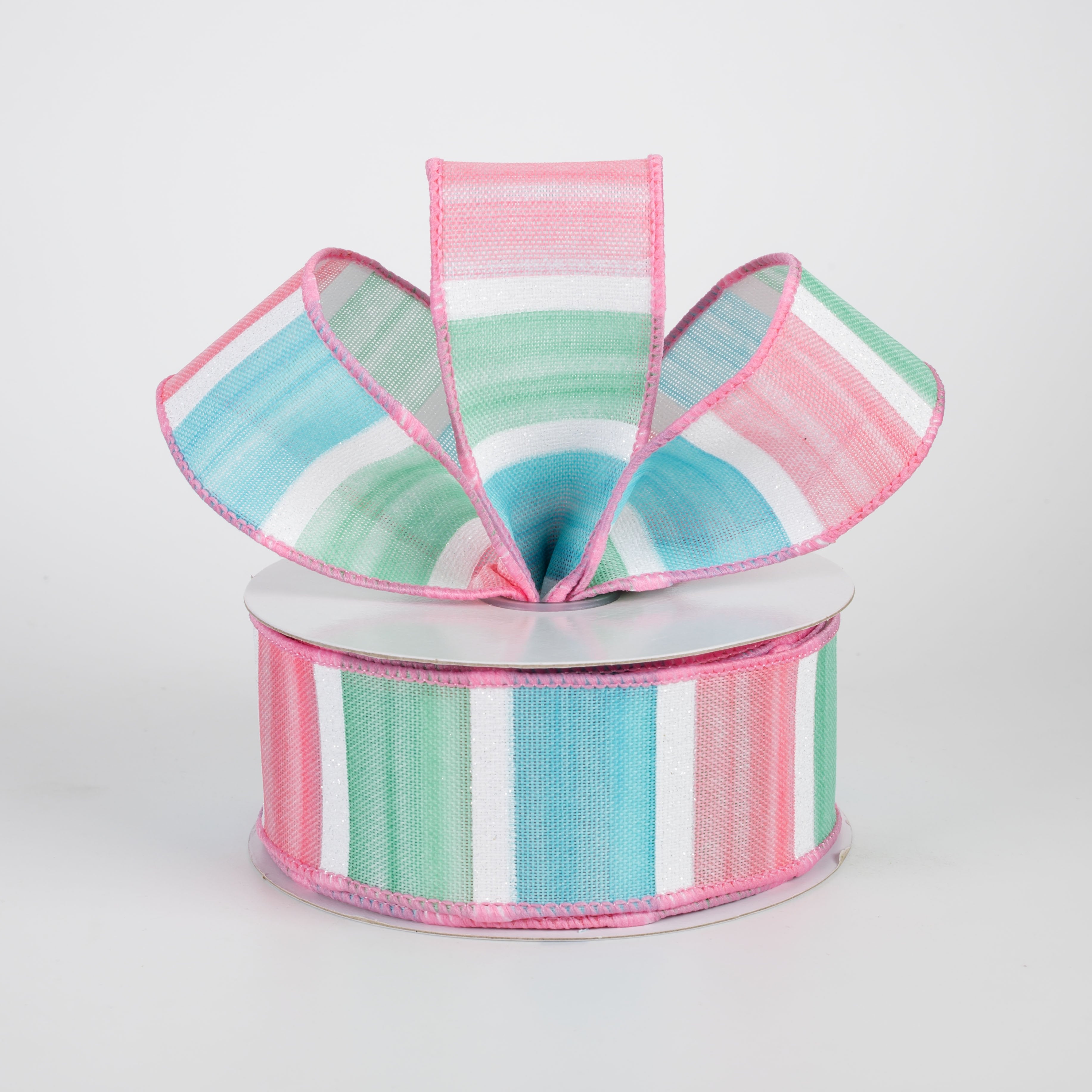 1.5" Watercolor Stripes Ribbon: Mint, Blue, Pink & White (10 Yards) Lifestyle Photo