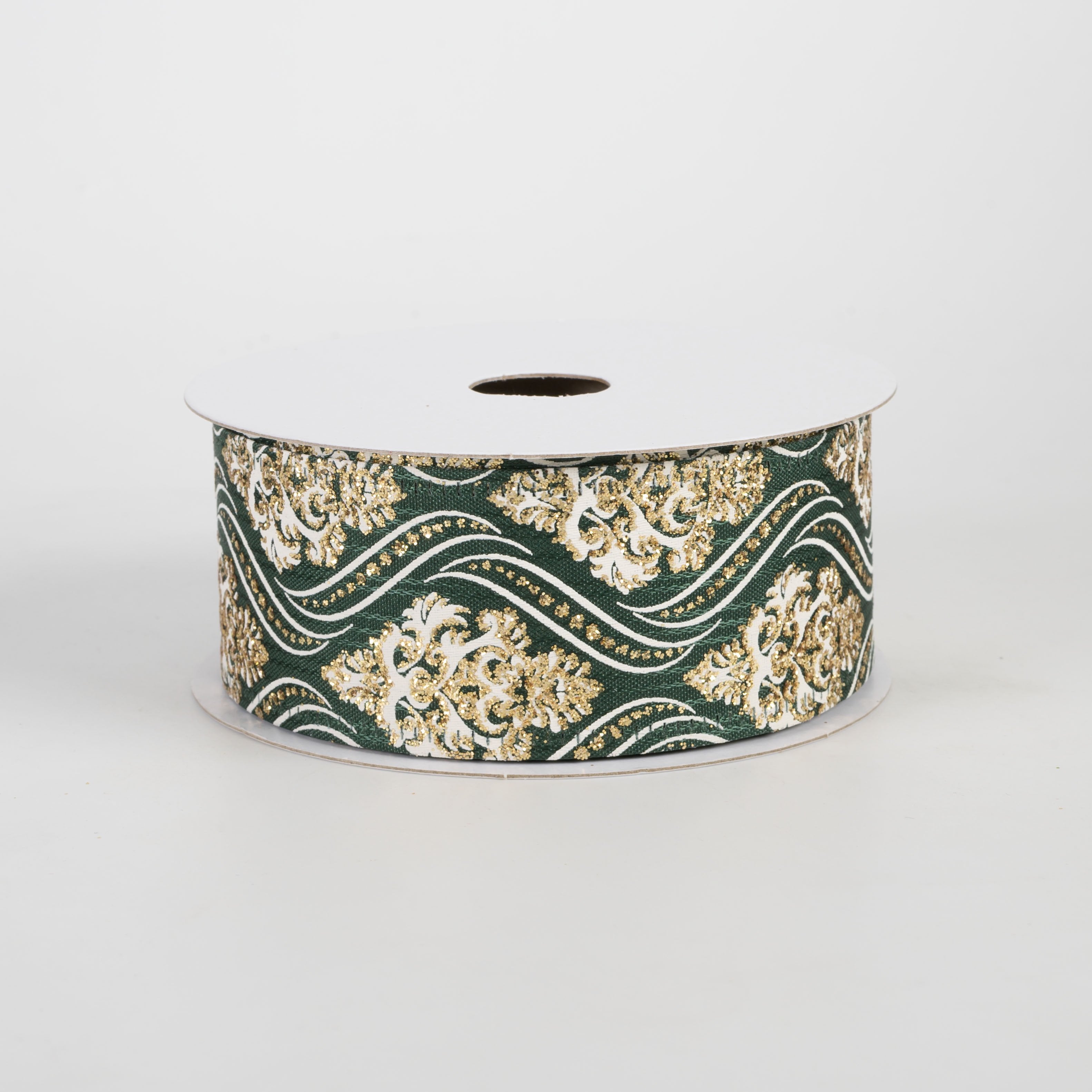 1.5" Wavy Damask Satin Ribbon: White & Gold on Dark Green (10 Yards) Item Number: 76635-09-07