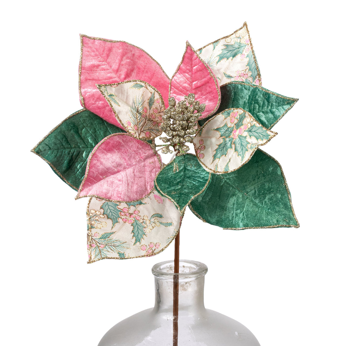 10" x 18" Holly Berries & Pine Print Poinsettia Stem: Pink, Sage & Ivory Item Number: XS4258T5