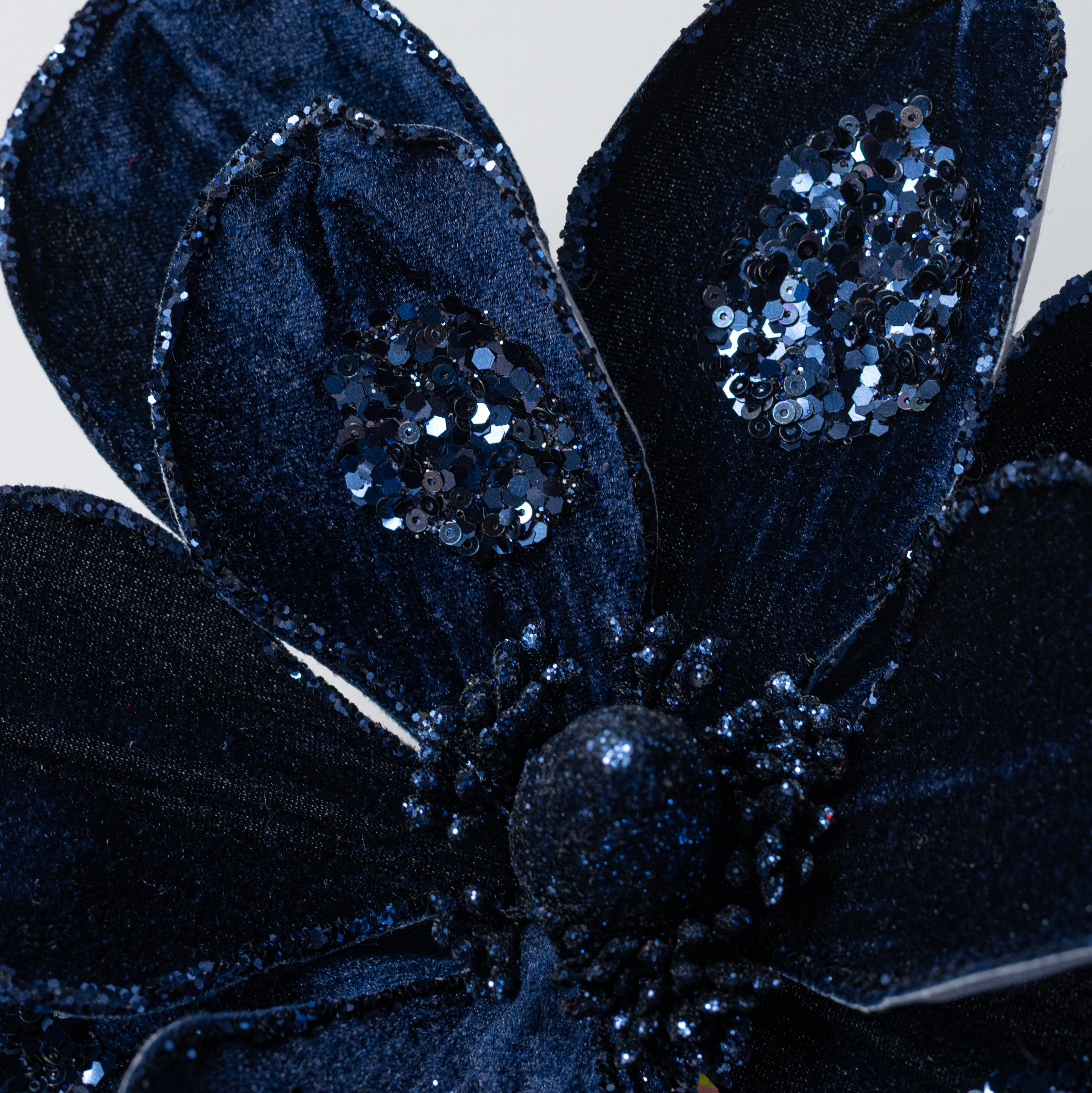 10" x 21" Sequined Velvet Magnolia Flower Stem: Navy Blue Lifestyle Photo