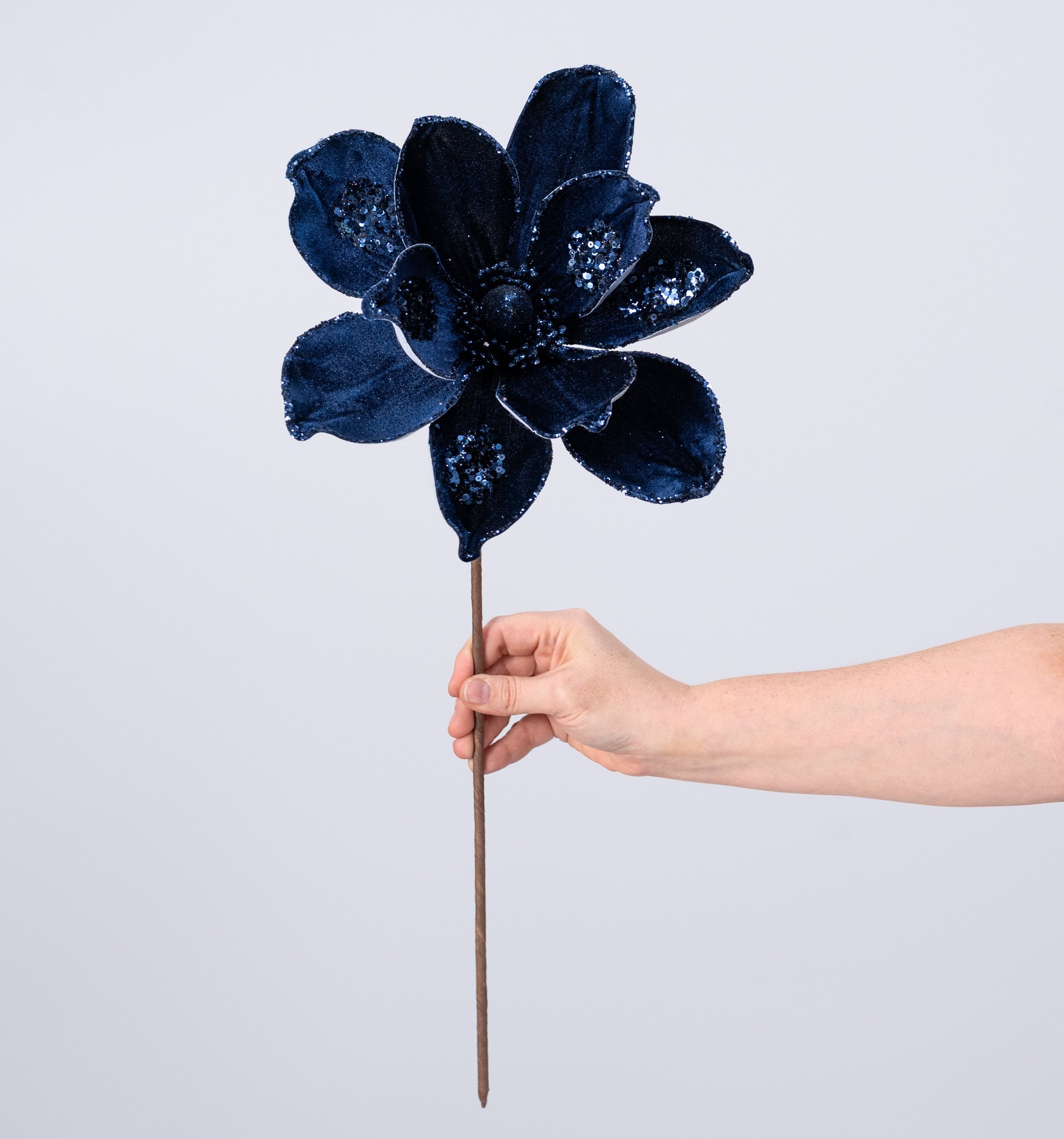 10" x 21" Sequined Velvet Magnolia Flower Stem: Navy Blue detail photo 3