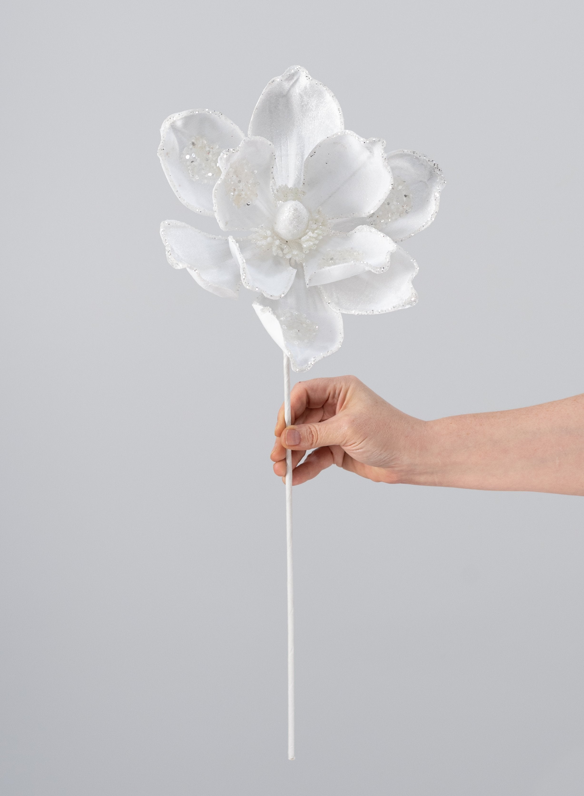 10" x 21" Sequined Velvet Magnolia Flower Stem: White detail photo 3