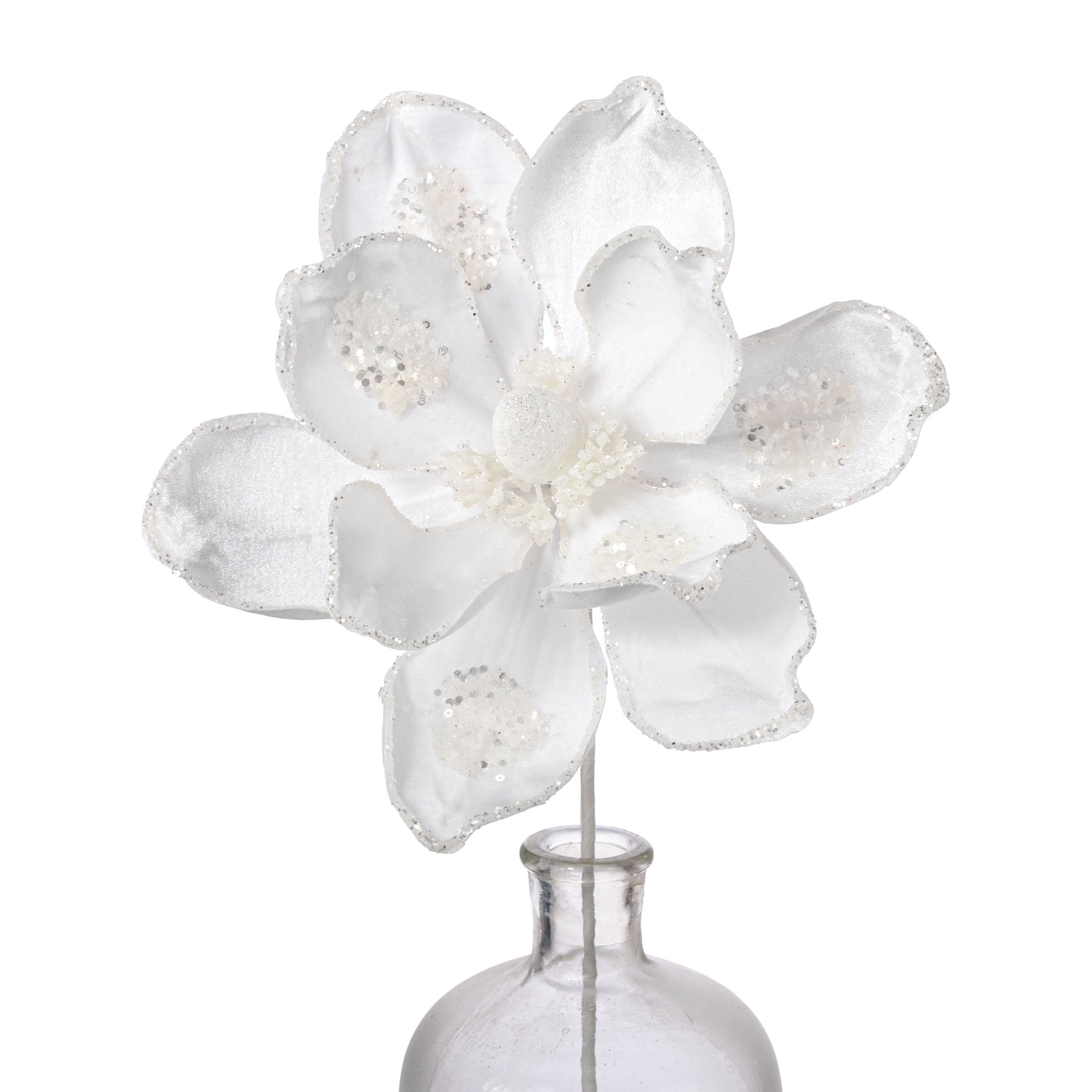 10" x 21" Sequined Velvet Magnolia Flower Stem: White Item Number: 86938WT