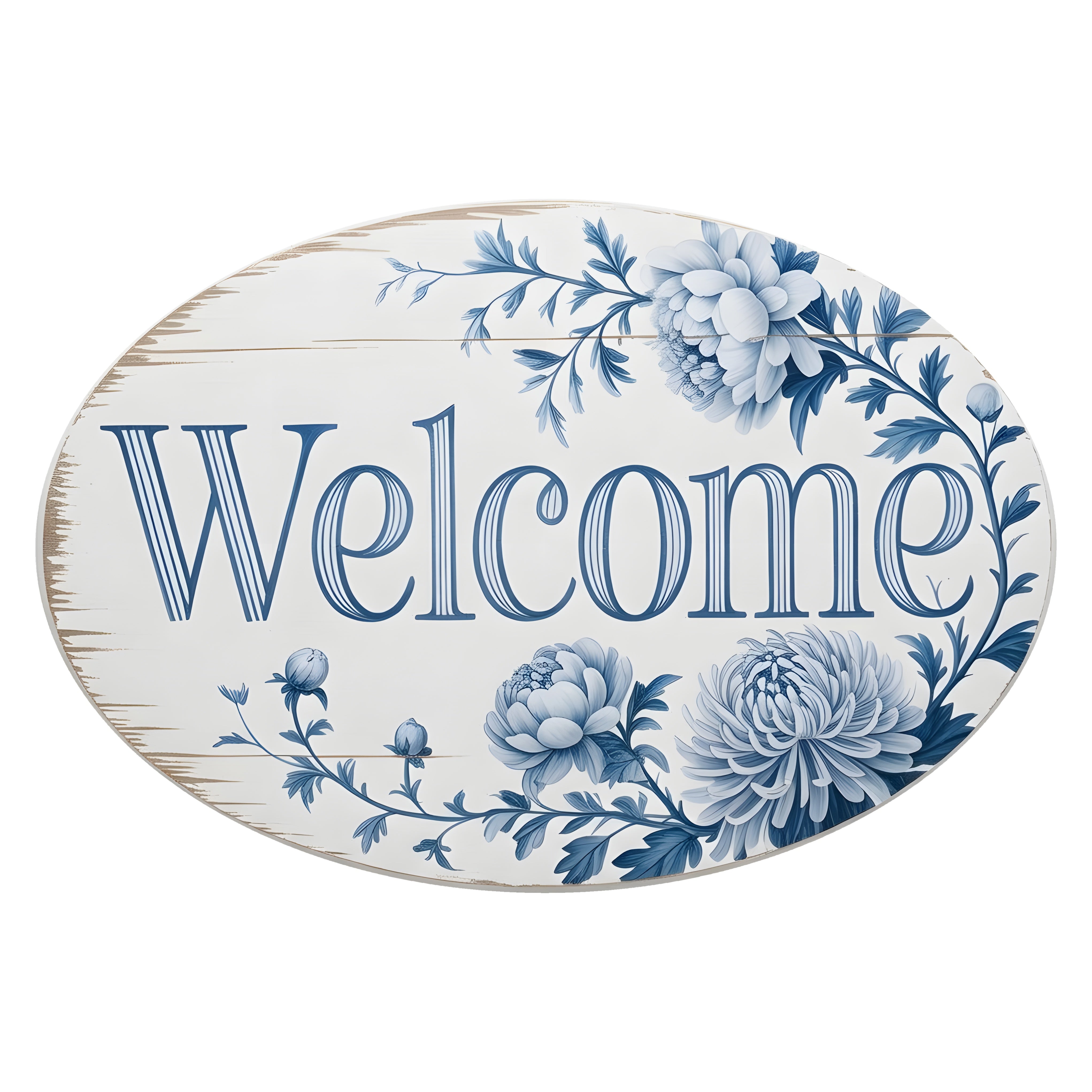 10.5" Oval Waterproof Sign: Blue & White Floral Rustic Welcome Item Number: CD1244NH-105