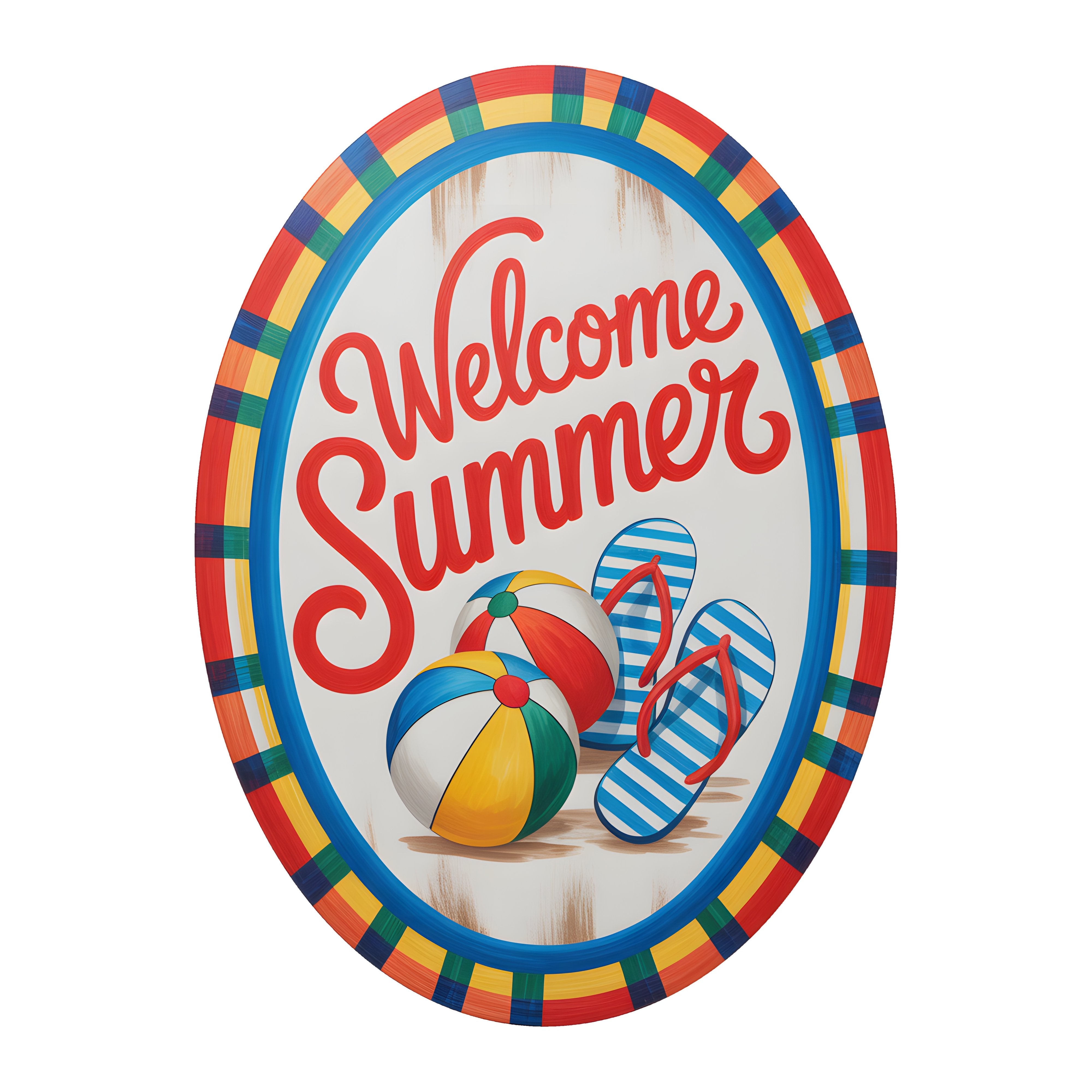 10.5" Oval Waterproof Sign: Welcome Summer Striped Flip Flops Item Number: CD1267NH-105