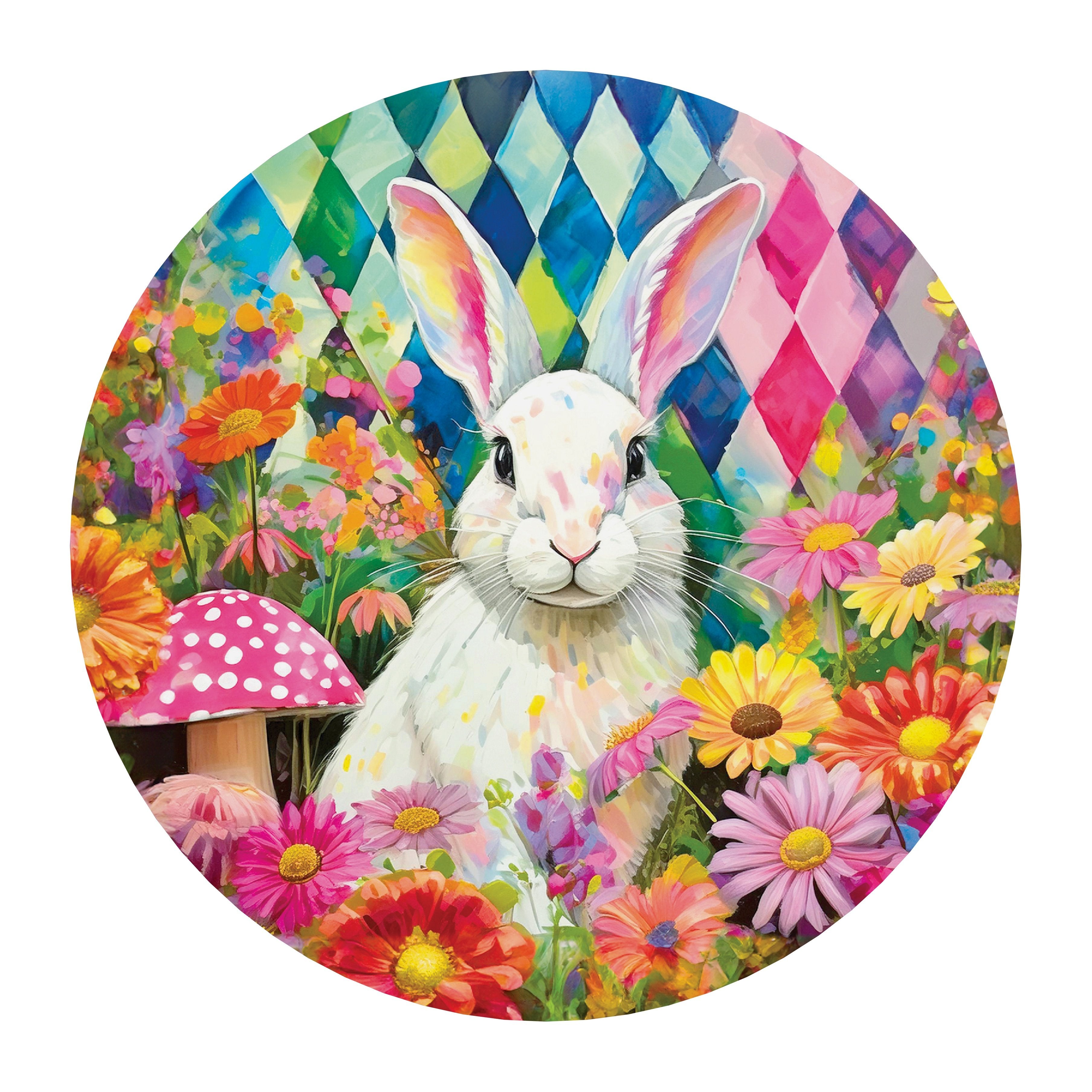 10.5" Round Waterproof Accent: Harlequin Mushroom Garden Bunny Item Number: CD1288NH-105