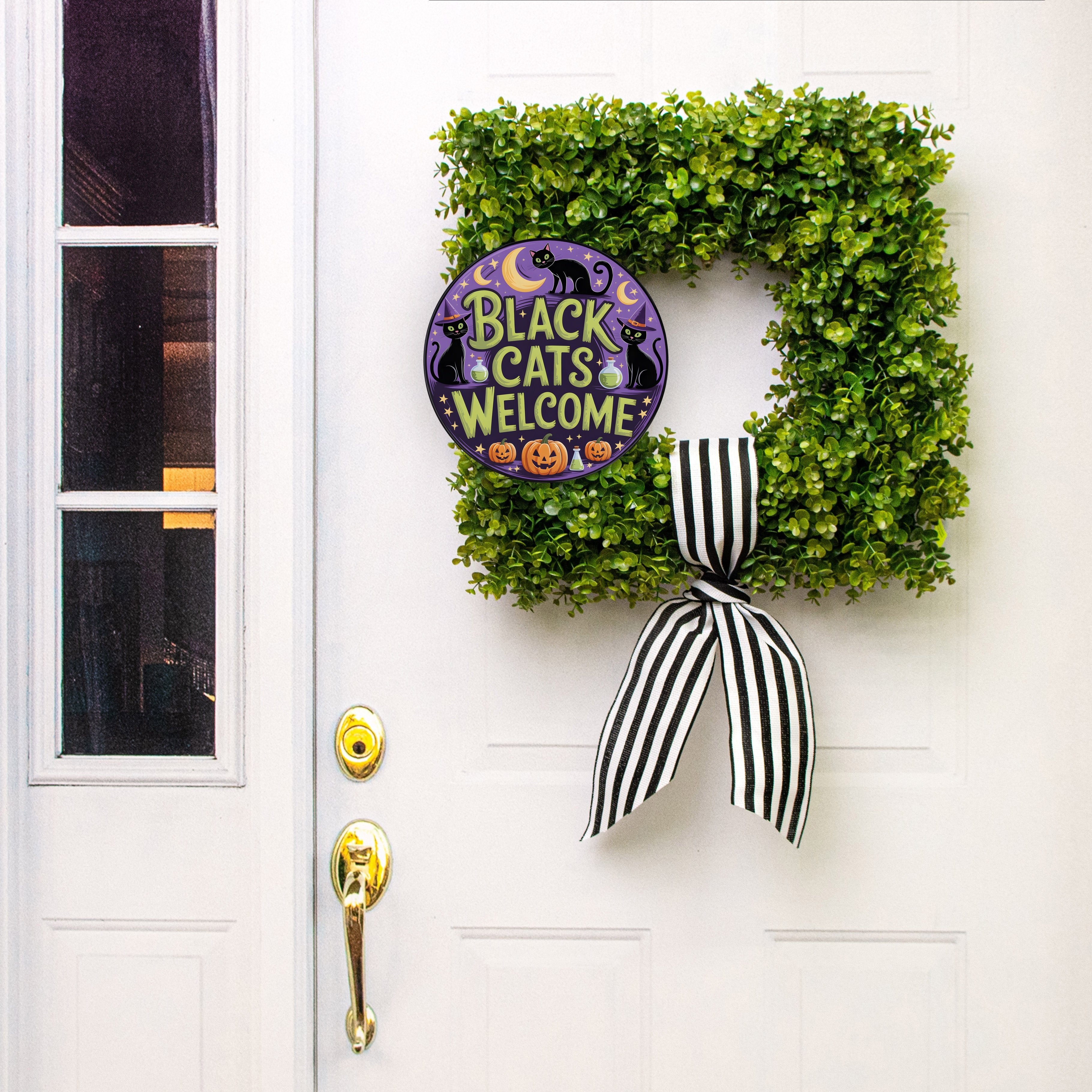 10.5" Round Waterproof Sign: Black Cats Welcome Halloween Lifestyle Photo