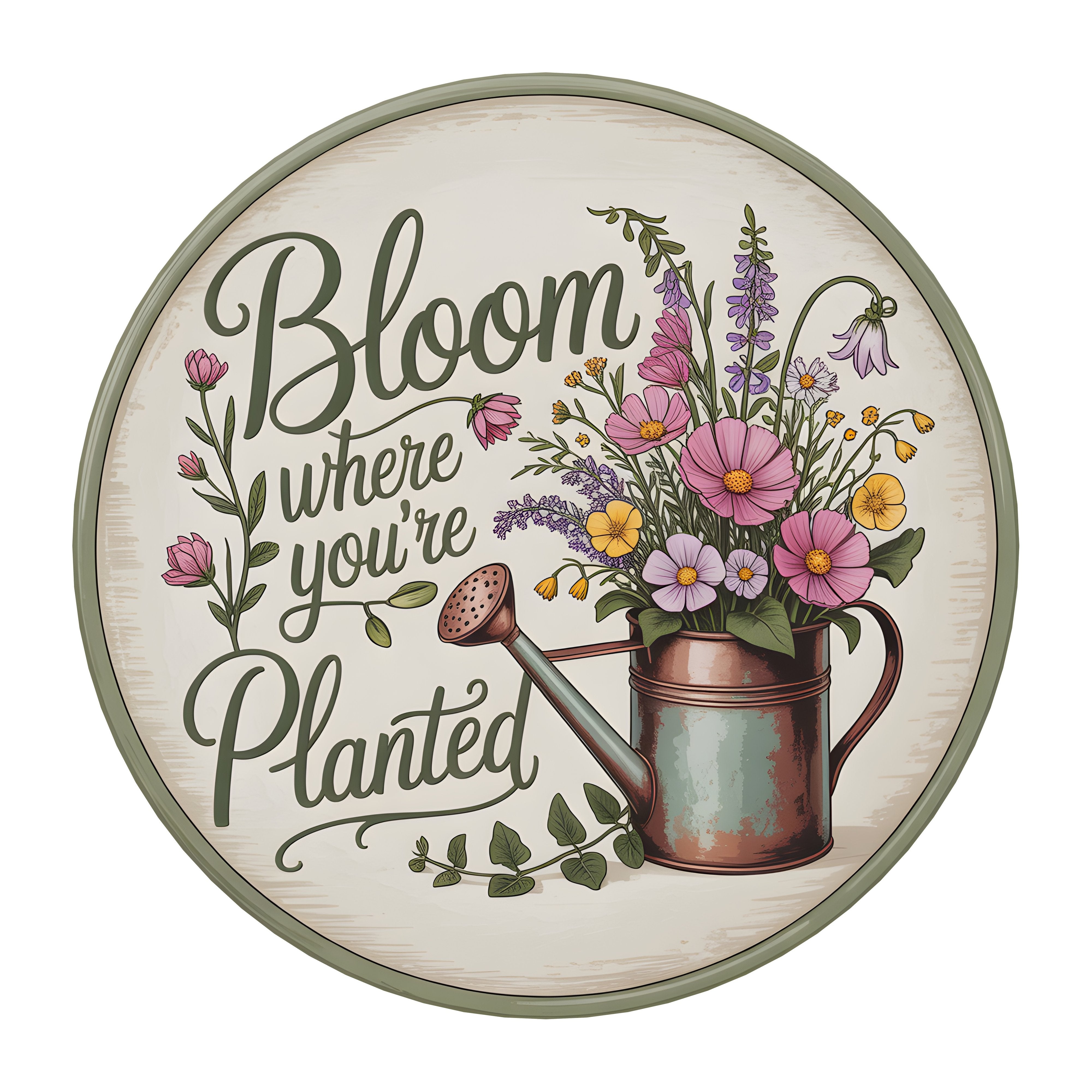 10.5" Round Waterproof Sign: Bloom Where You're Planted Wildflower Watering Can Item Number: CD1202NH-105