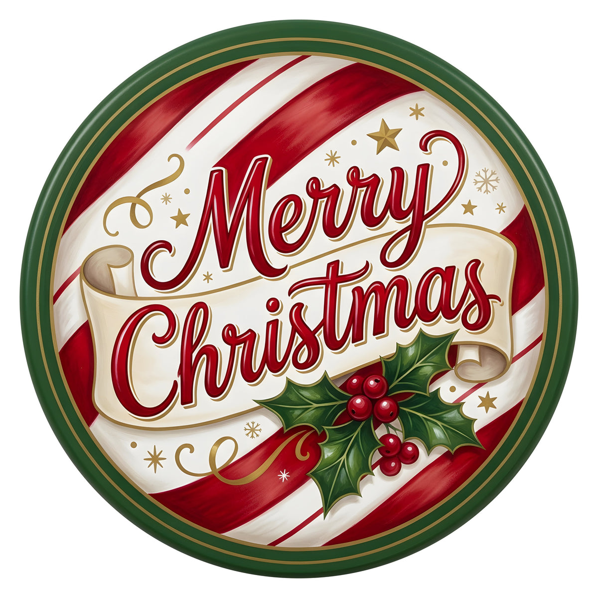 10.5" Round Waterproof Sign: Candy Stripe Merry Christmas Holly Item Number: CD1490NH-105