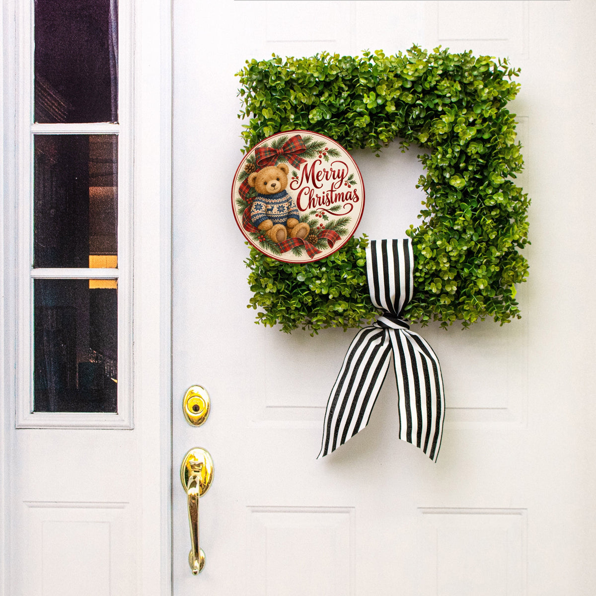 10.5" Round Waterproof Sign: Christmas Teddy Bear in Fair Isle Sweater Lifestyle Photo