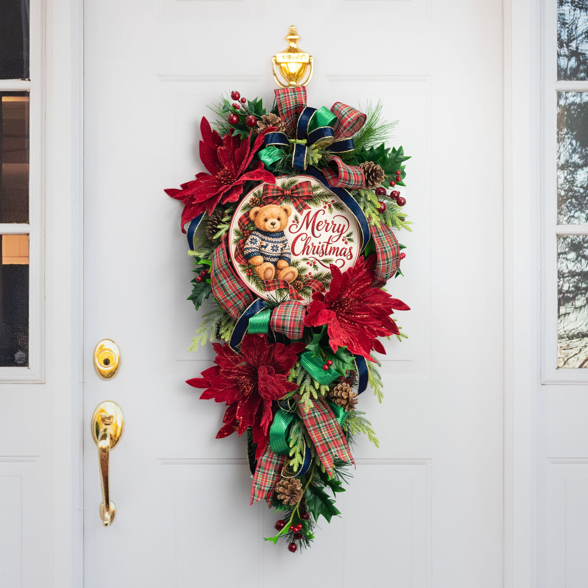 10.5" Round Waterproof Sign: Christmas Teddy Bear in Fair Isle Sweater detail photo 3