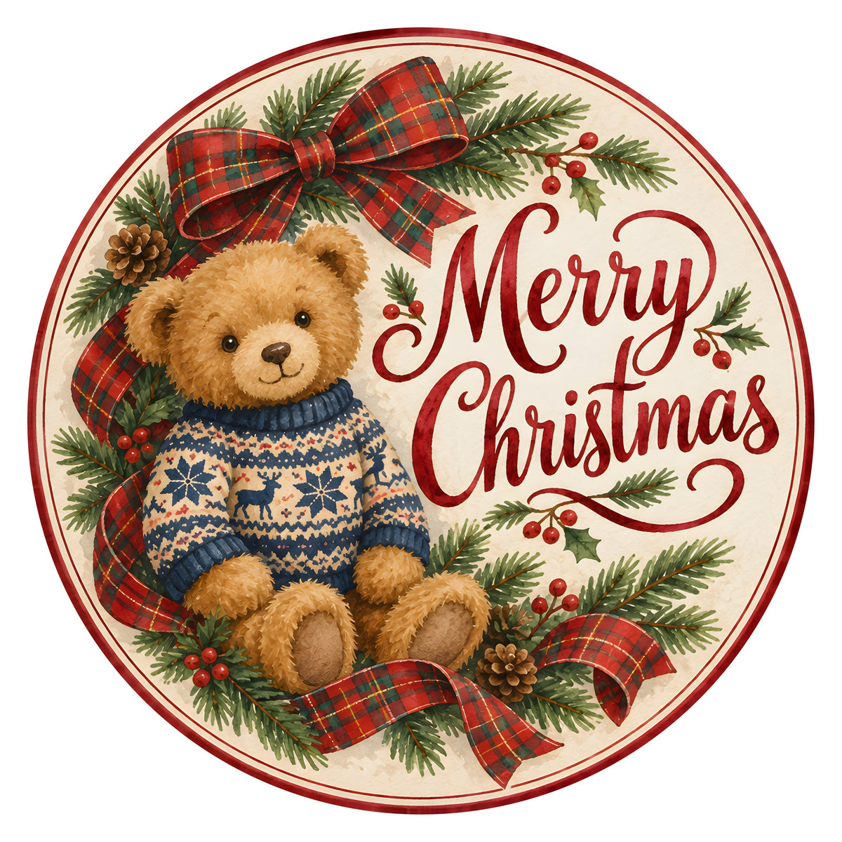 10.5" Round Waterproof Sign: Christmas Teddy Bear in Fair Isle Sweater Item Number: CD1500NH-105