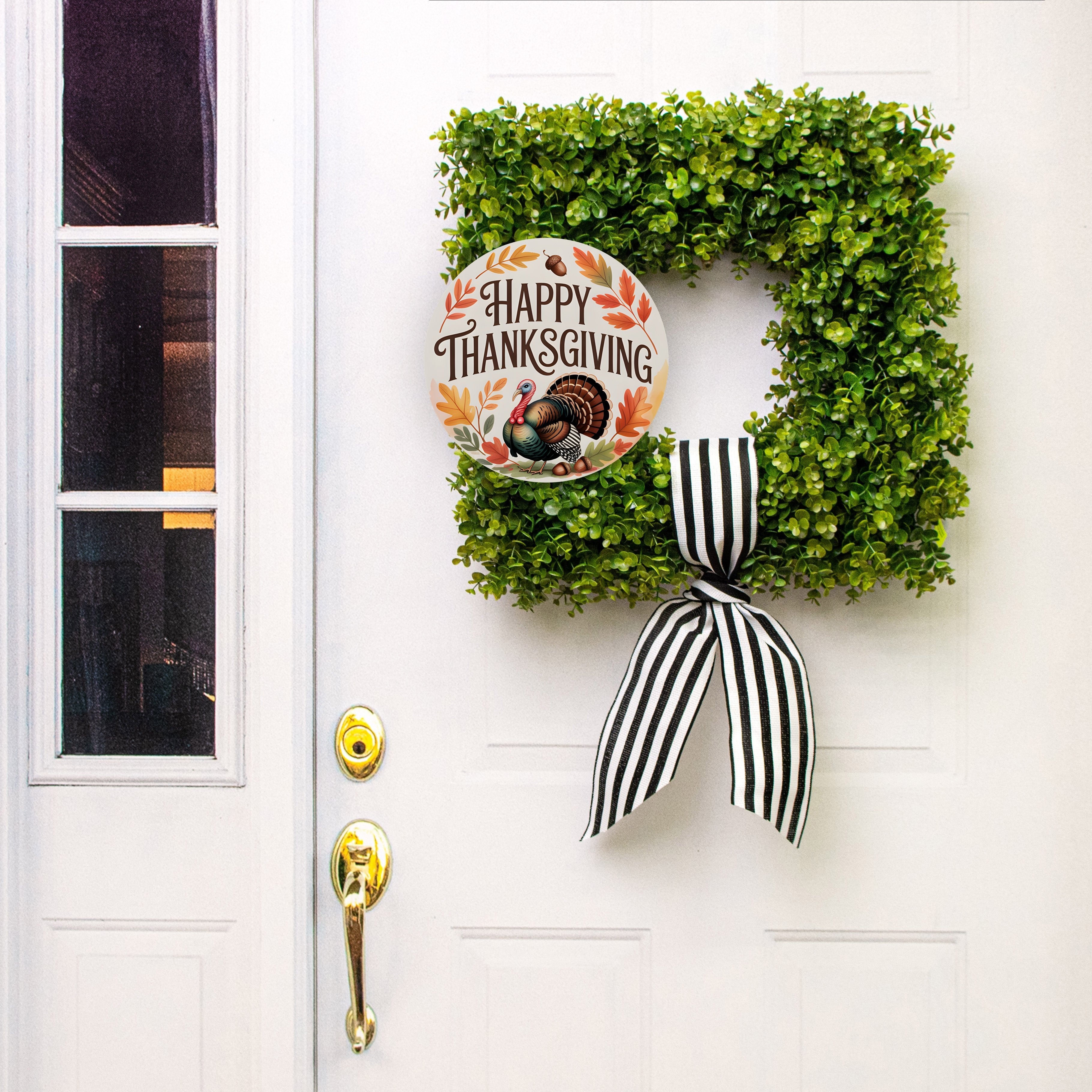 10.5" Round Waterproof Sign: Happy Thanksgiving Turkey Autumn Leaves Lifestyle Photo