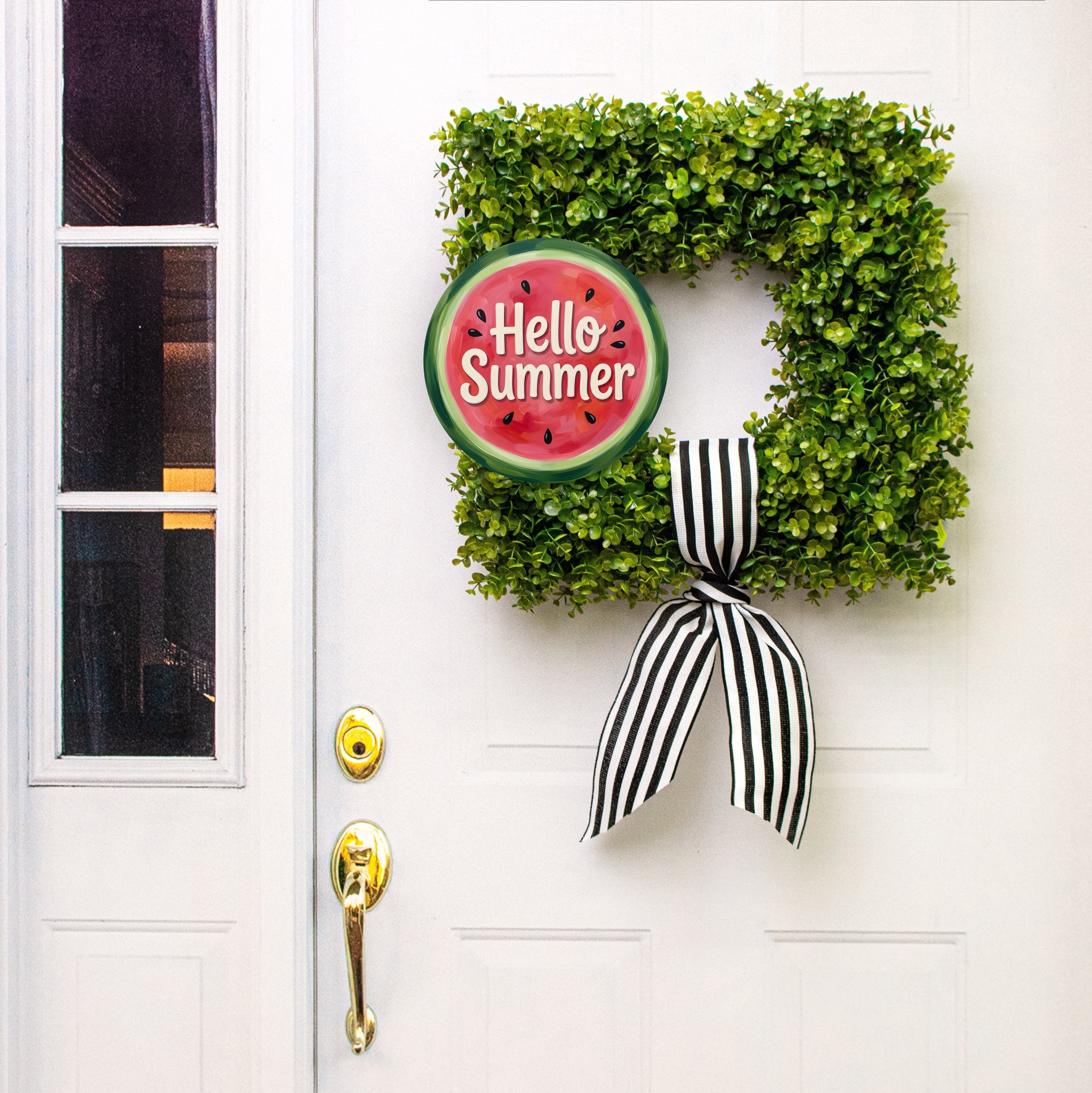 10.5" Round Waterproof Sign: Hello Summer Watermelon Slice Lifestyle Photo