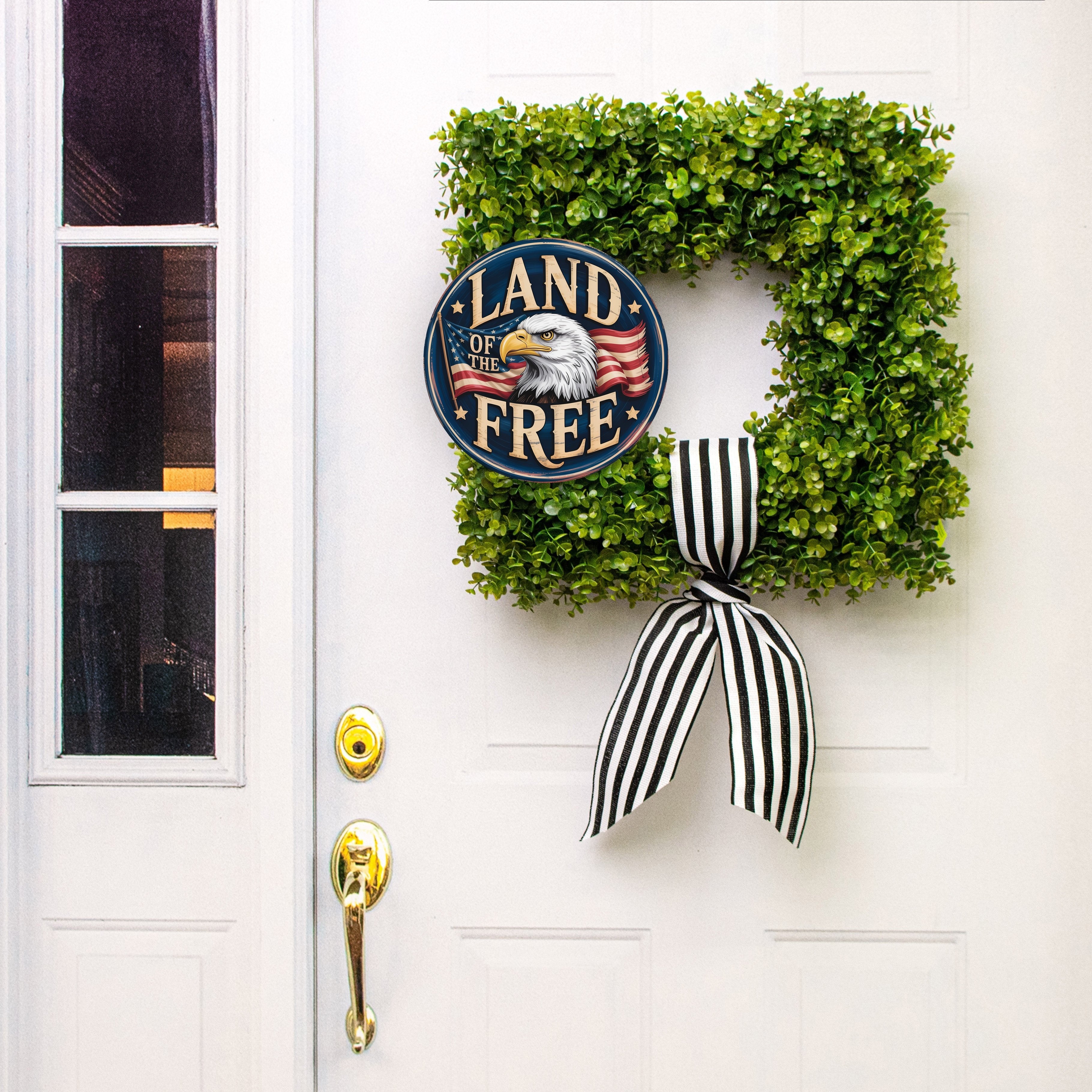 10.5" Round Waterproof Sign: Land of the Free Bald Eagle Lifestyle Photo