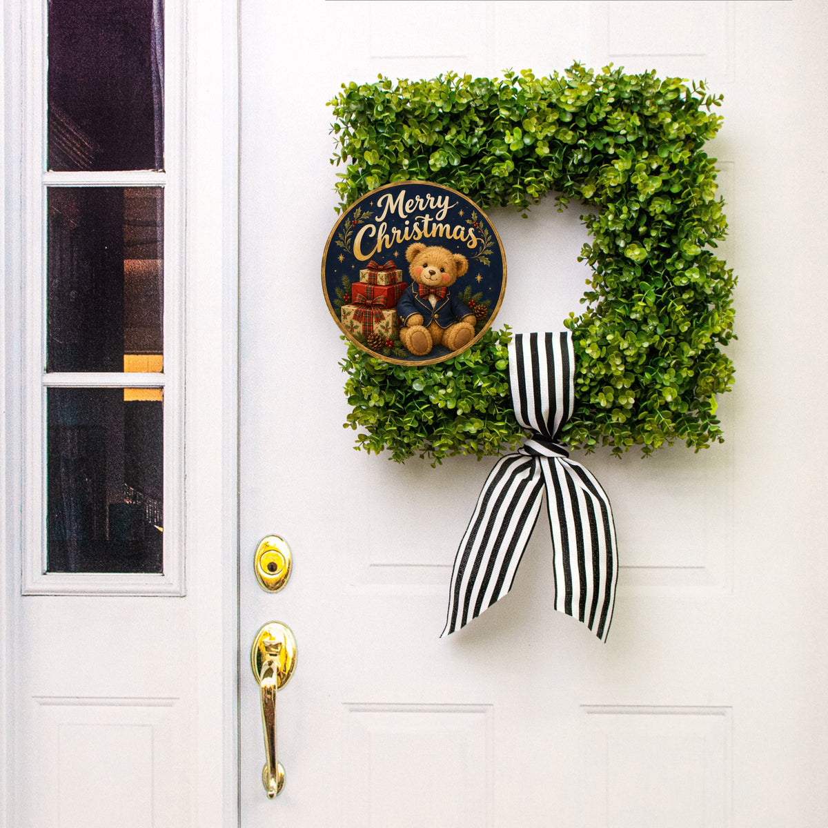 10.5" Round Waterproof Sign: Merry Christmas Preppy Teddy Bear with Gifts Lifestyle Photo