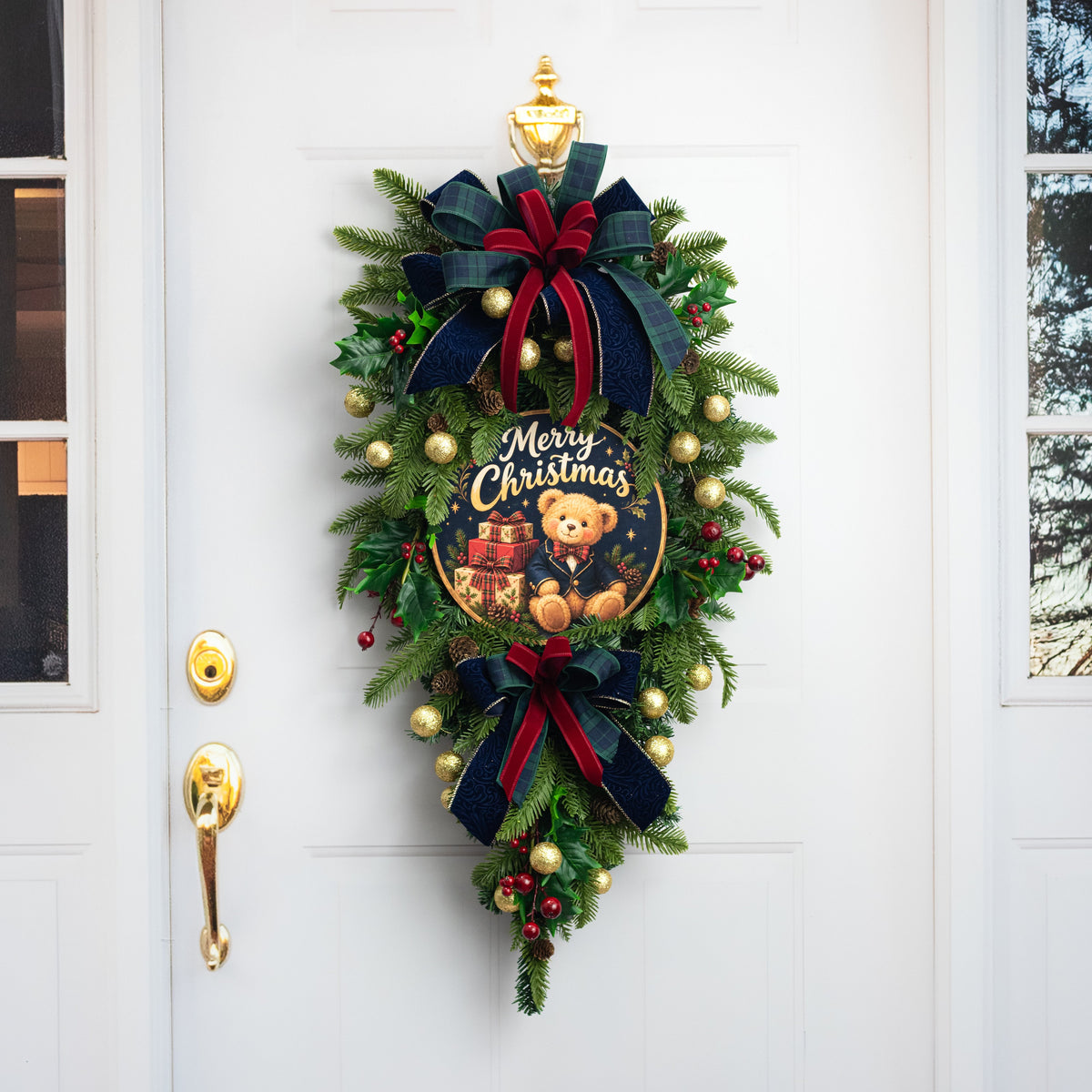 10.5" Round Waterproof Sign: Merry Christmas Preppy Teddy Bear with Gifts detail photo 3