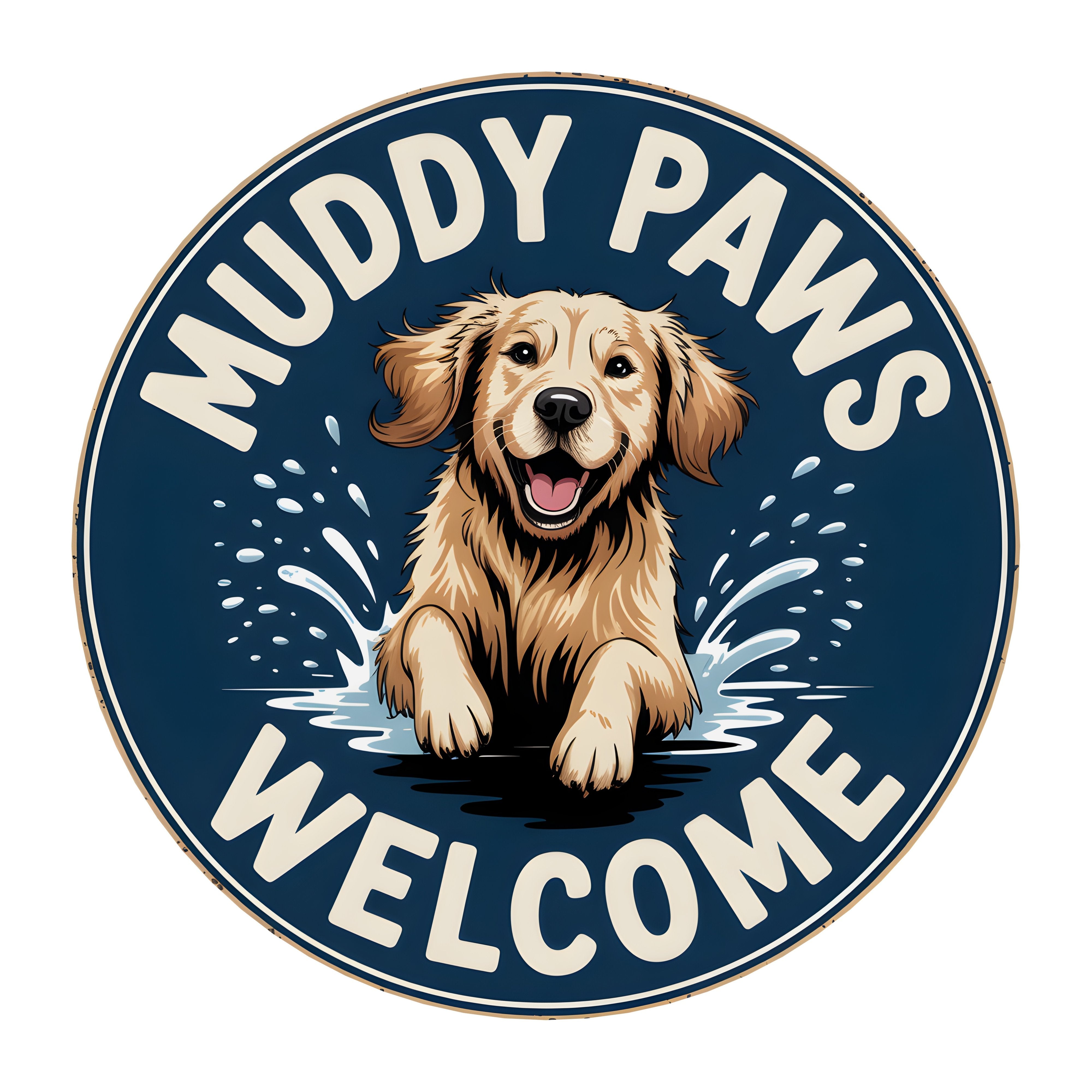 10.5" Round Waterproof Sign: Muddy Paws Welcome Golden Retriever Item Number: CD1219NH-105