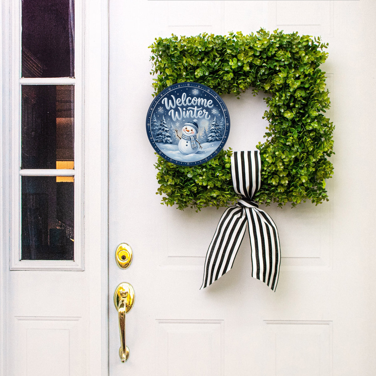 10.5" Round Waterproof Sign: Smiling Snowman Winter Welcome Lifestyle Photo