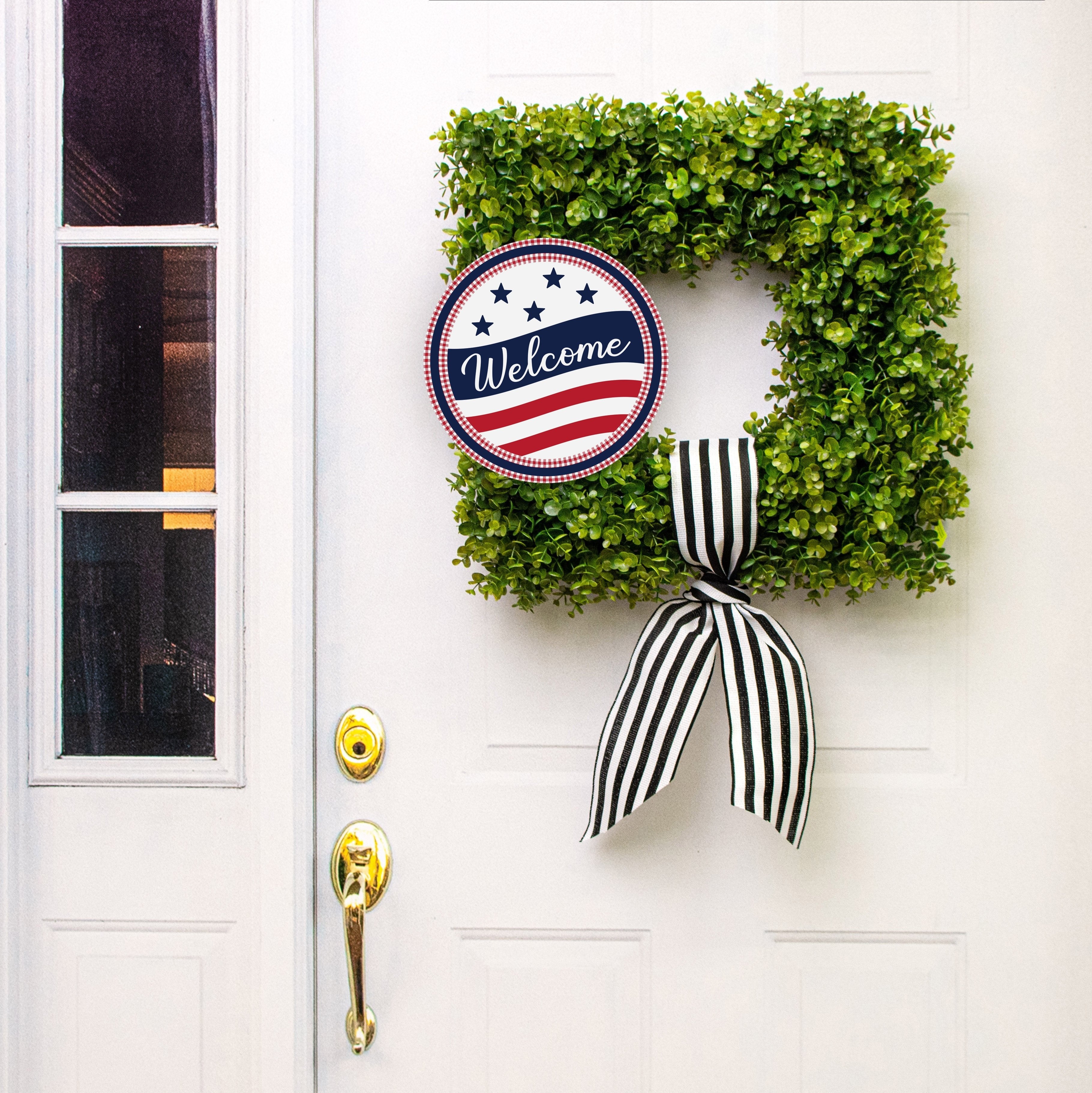 10.5" Round Waterproof Sign: Welcome Gingham USA Flag Lifestyle Photo