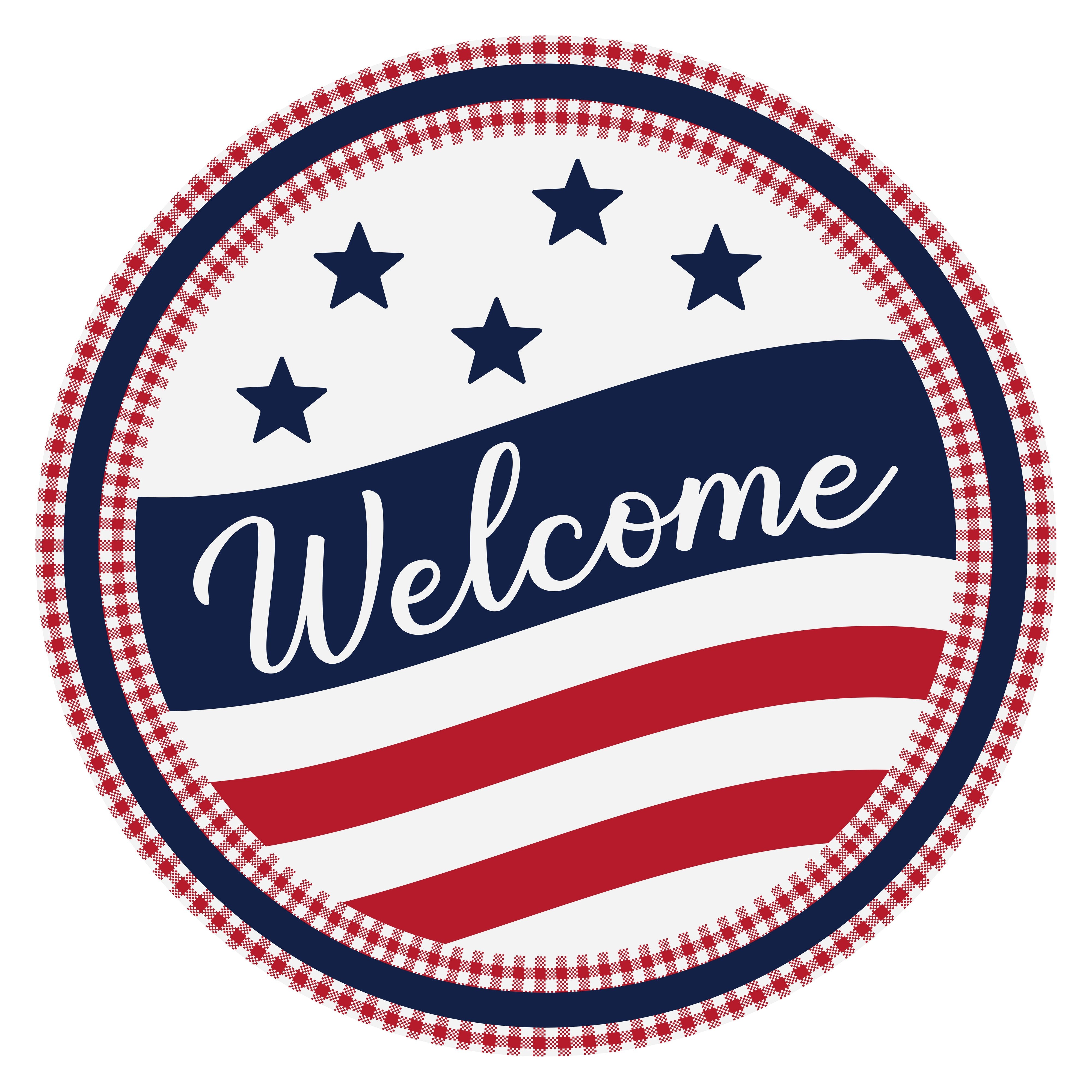 10.5" Round Waterproof Sign: Welcome Gingham USA Flag Item Number: CD1059NH-105