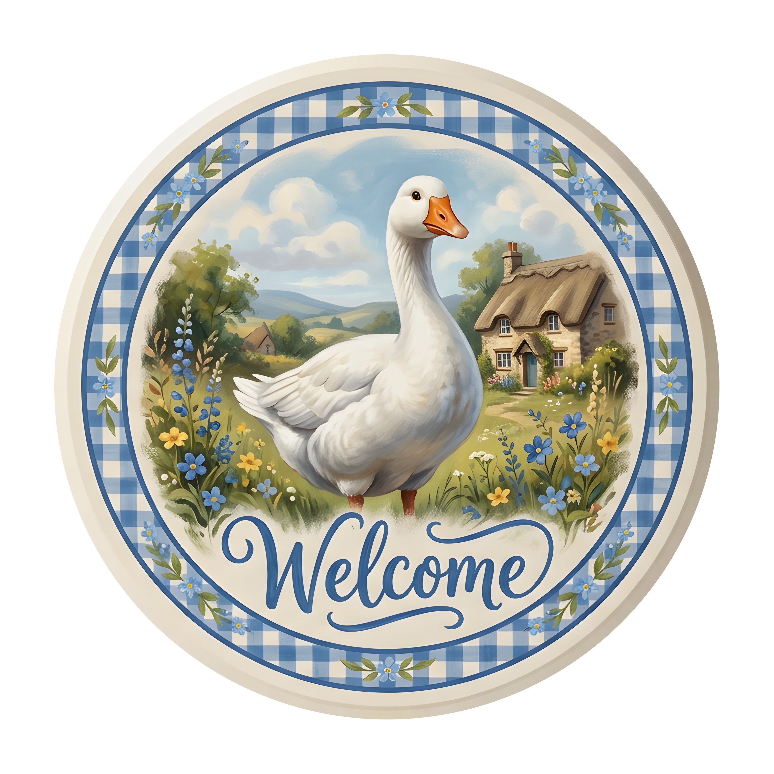 10.5" Round Waterproof Sign: White Goose Cottage Welcome Item Number: CD1380NH-105