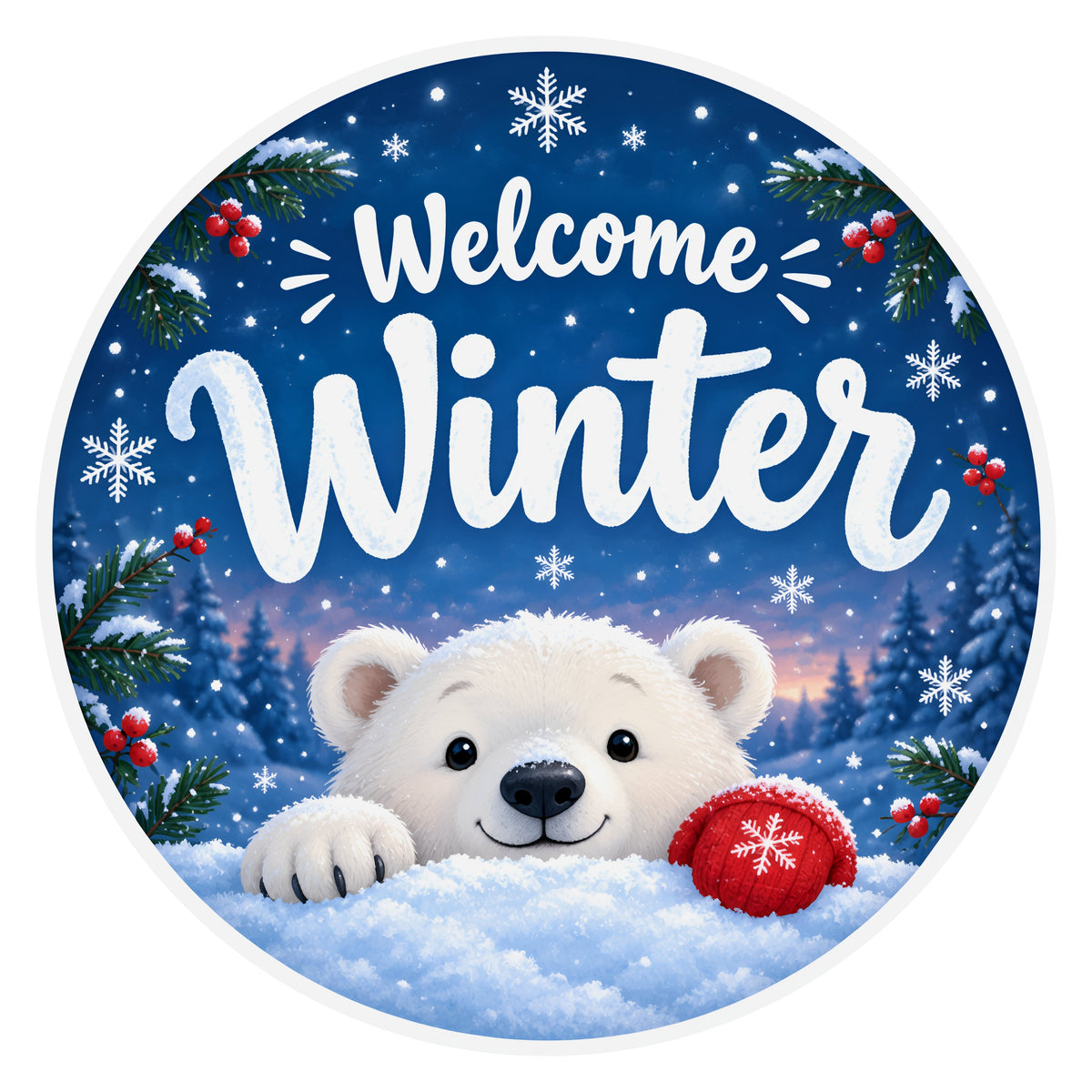 10.5" Round Waterproof Sign: Winter Welcome Peeking Polar Bear Item Number: CD1492NH-105