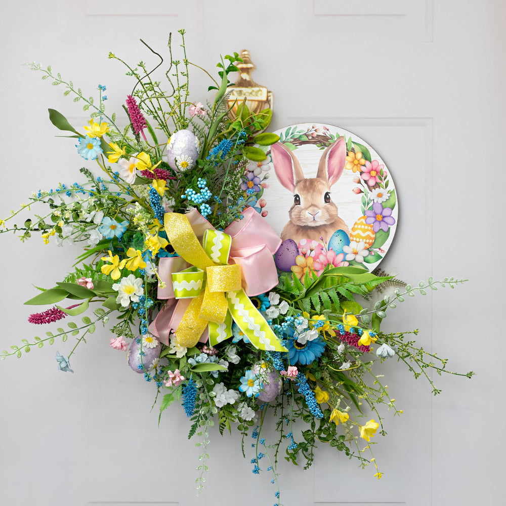 10.5" Round Wooden Sign: Floral Bunny Easter Eggs Lifestyle Photo