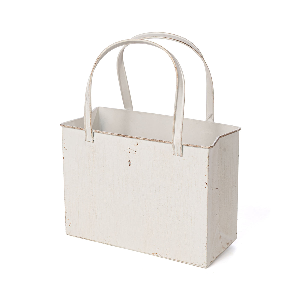 10" Distressed Metal Tote Bag Container: White Item Number: M10827