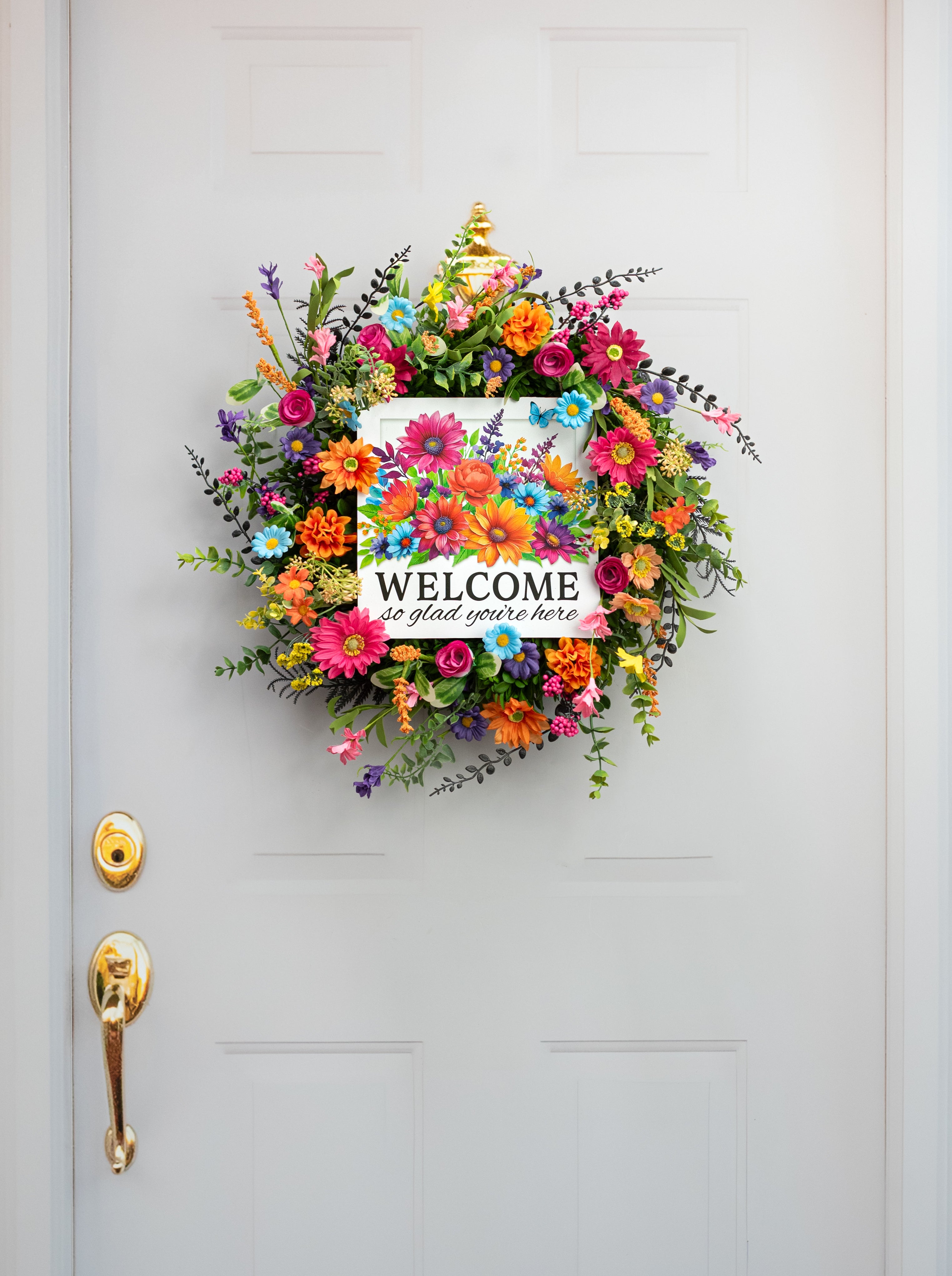 10" Square Wooden Sign: Bright Welcome Floral Glad Youâre Here detail photo 4