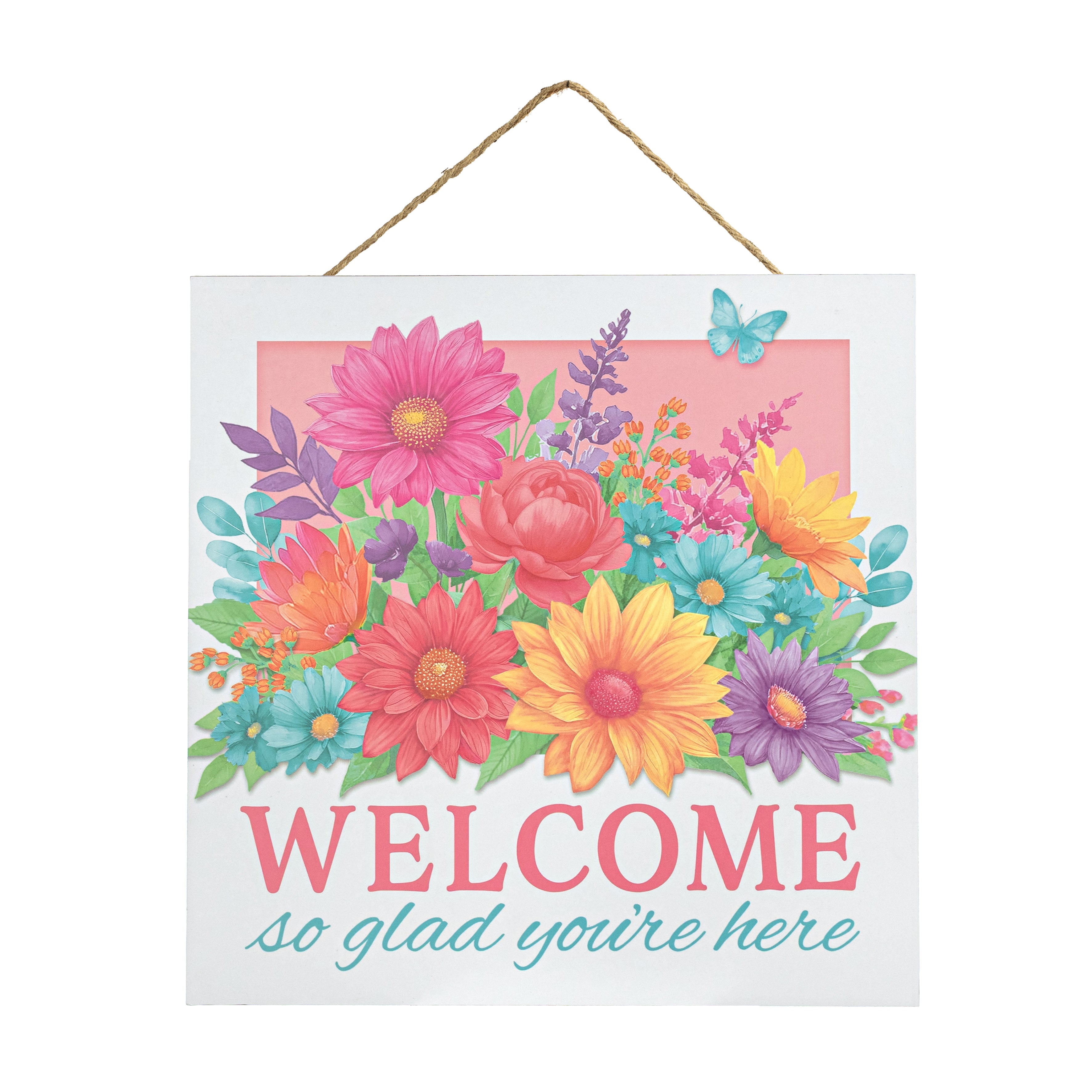 10" Square Wooden Sign: Light Welcome Floral Glad Youâre Here Item Number: AP7434F7