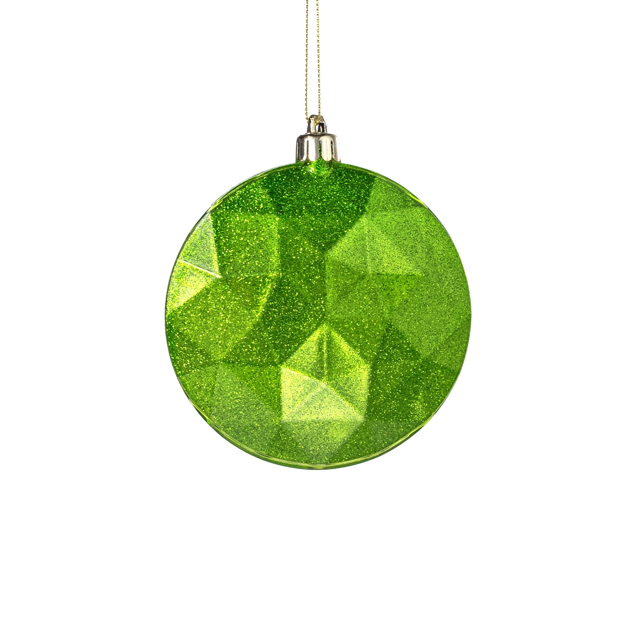 100mm Faceted Flat Round Gem Ornament: Glitter Inside Lime Green Item Number: XJ765569