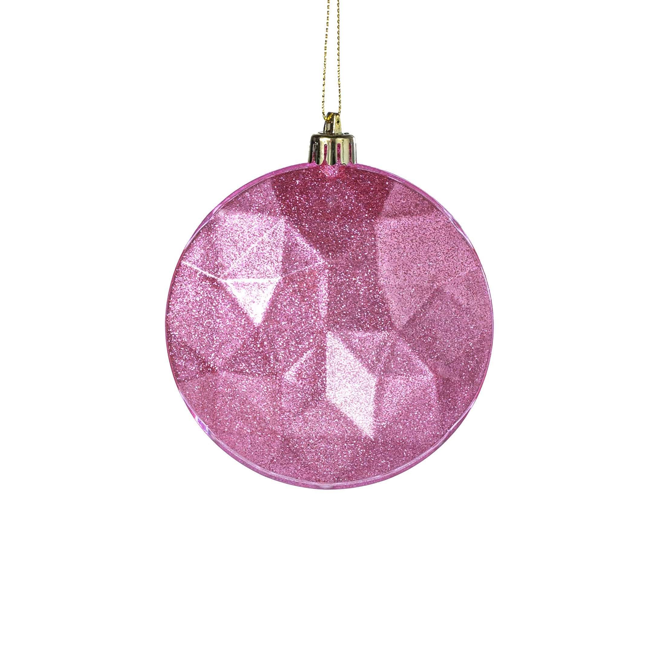 100mm Faceted Flat Round Gem Ornament: Glitter Inside Pink Item Number: XJ765522