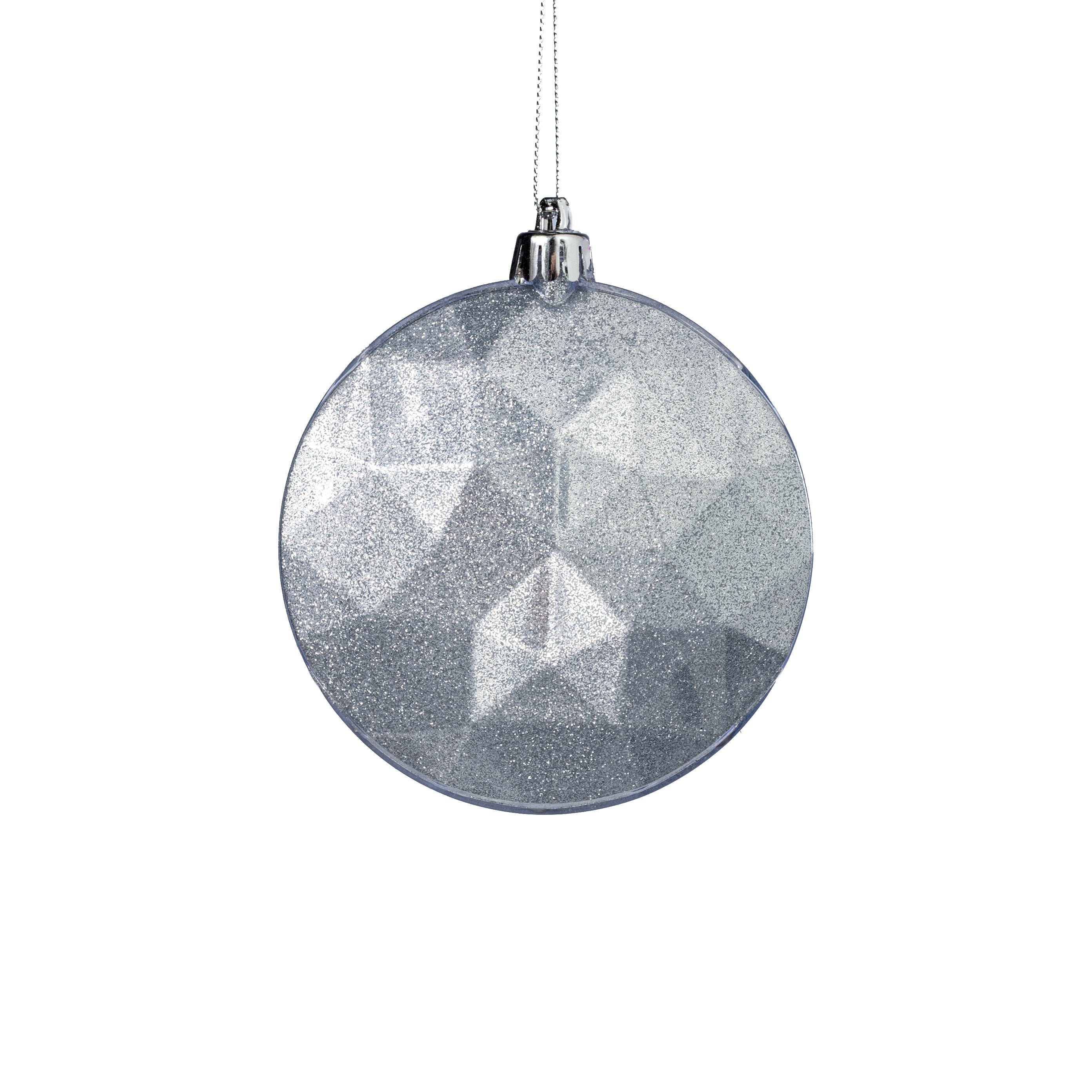 100mm Faceted Flat Round Gem Ornament: Glitter Inside Silver Item Number: XJ765426