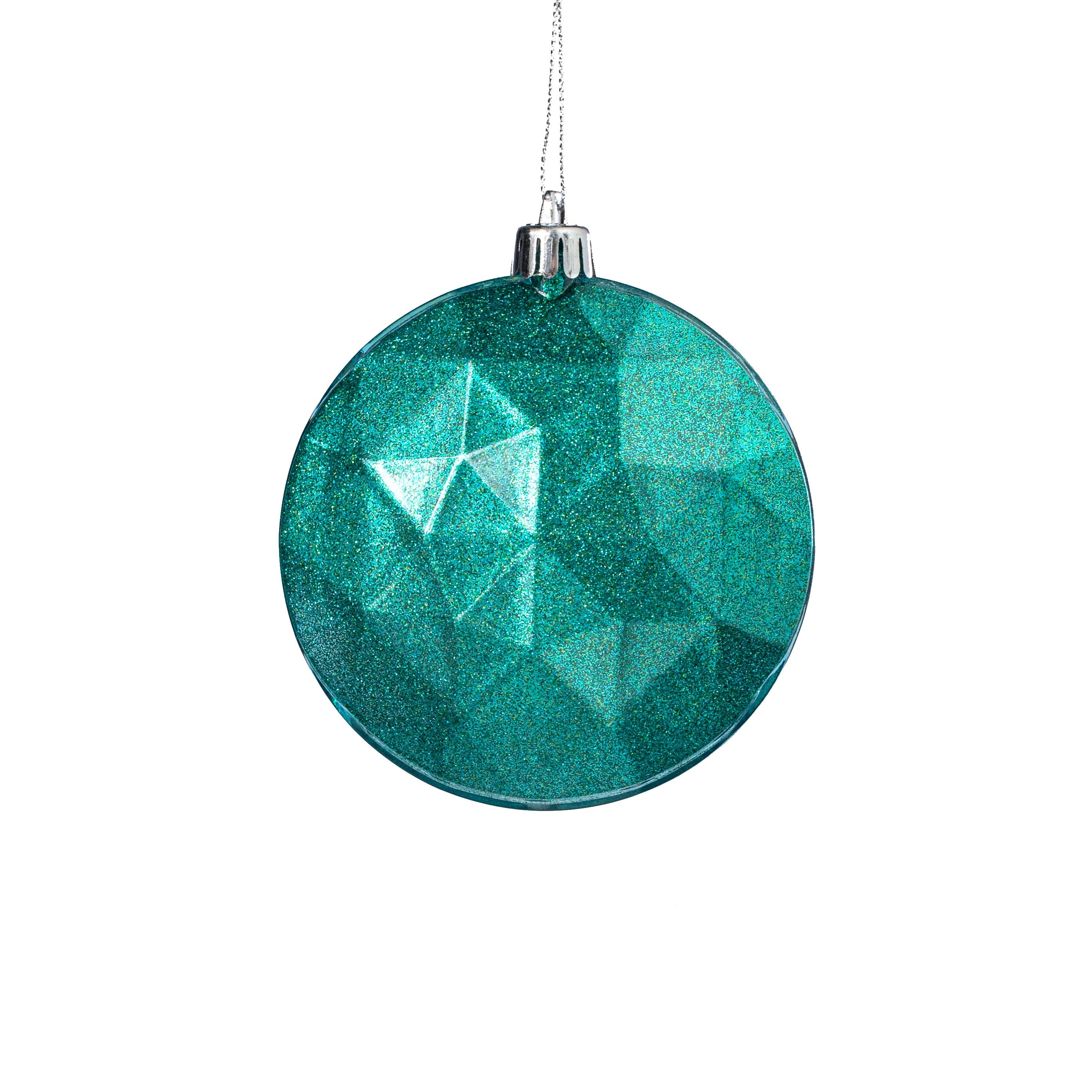 100mm Faceted Flat Round Gem Ornament: Glitter Inside Turquoise Teal Item Number: XJ7655EK