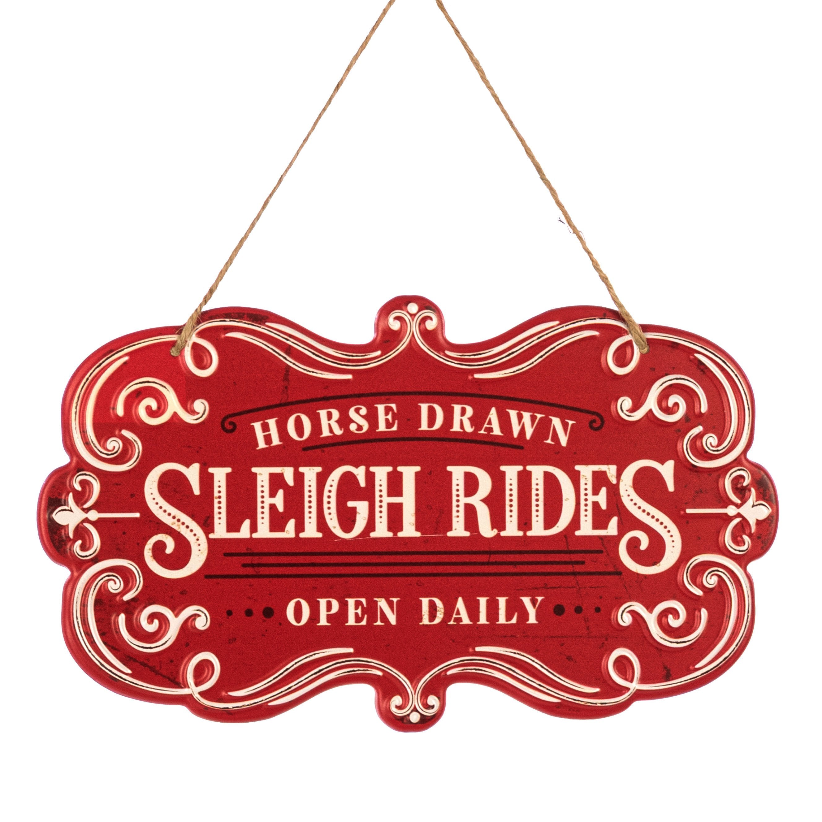 11.5" Metal Embossed Hanger: Red Horse Sleigh Rides Item Number: MD1788E2