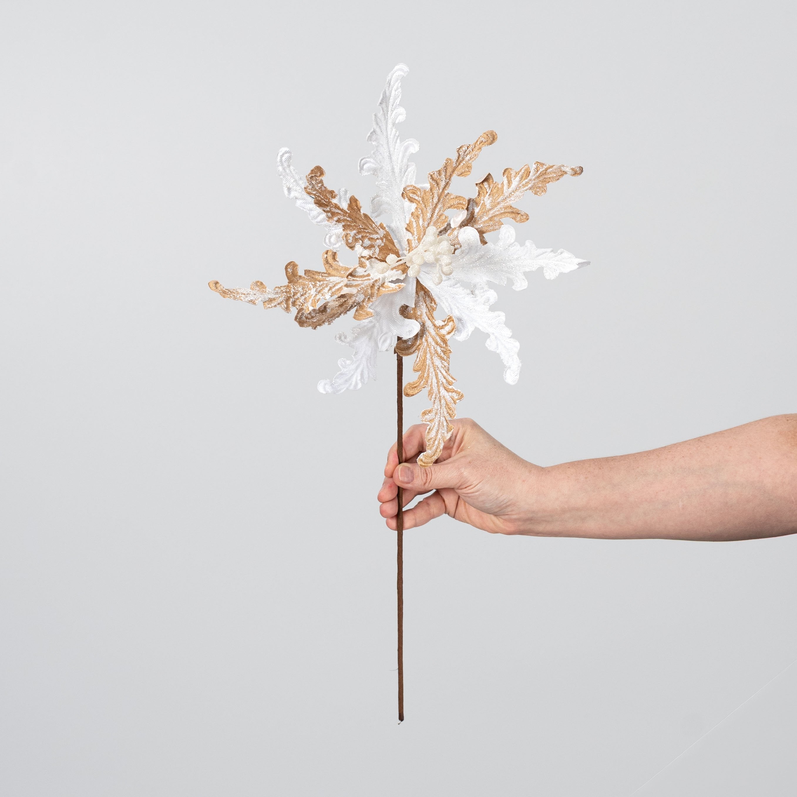 11" Embossed Brush Petal Poinsettia Stem: Brown & White detail photo 3