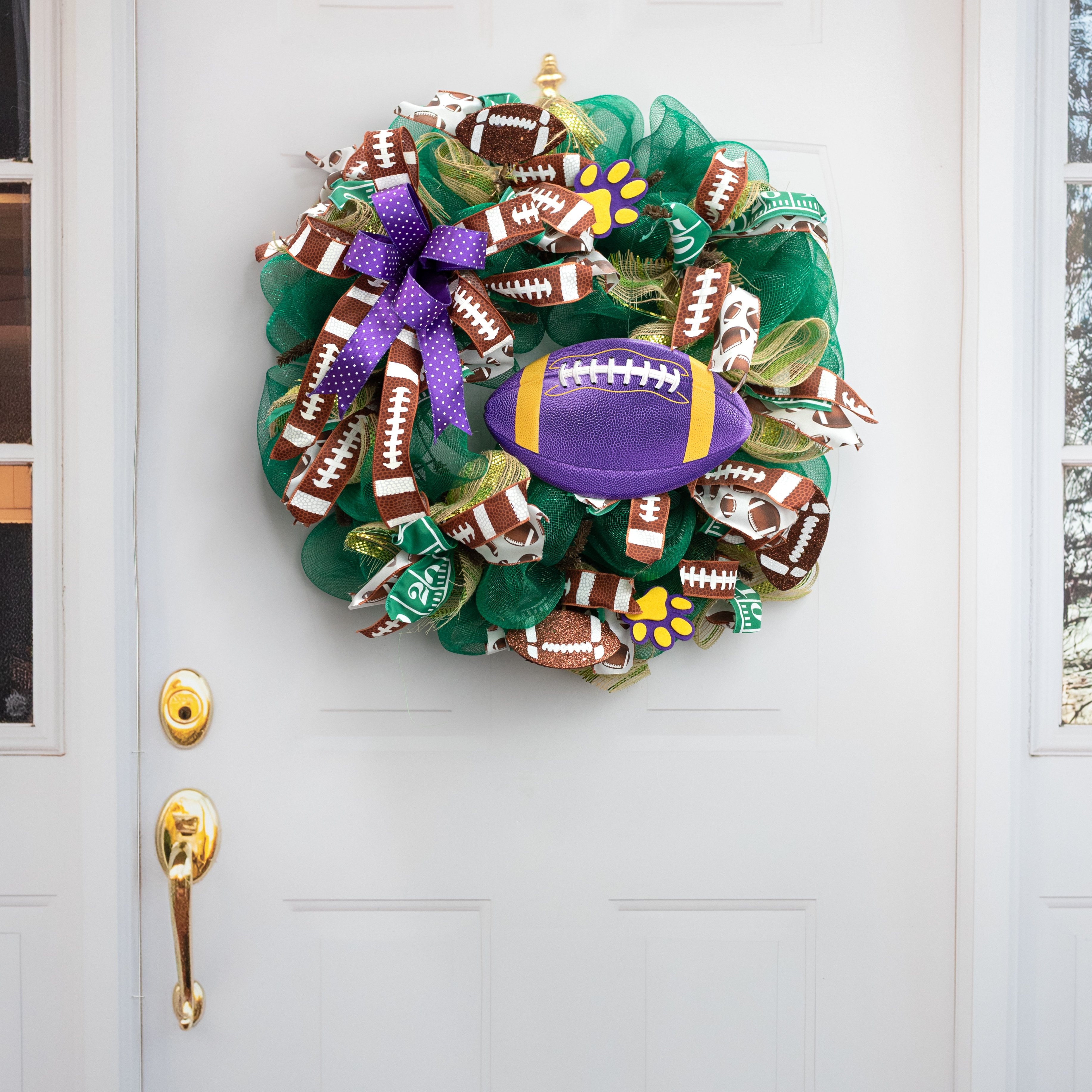 11" Embossed Metal Football Sign: Purple & Golden Yellow detail photo 4