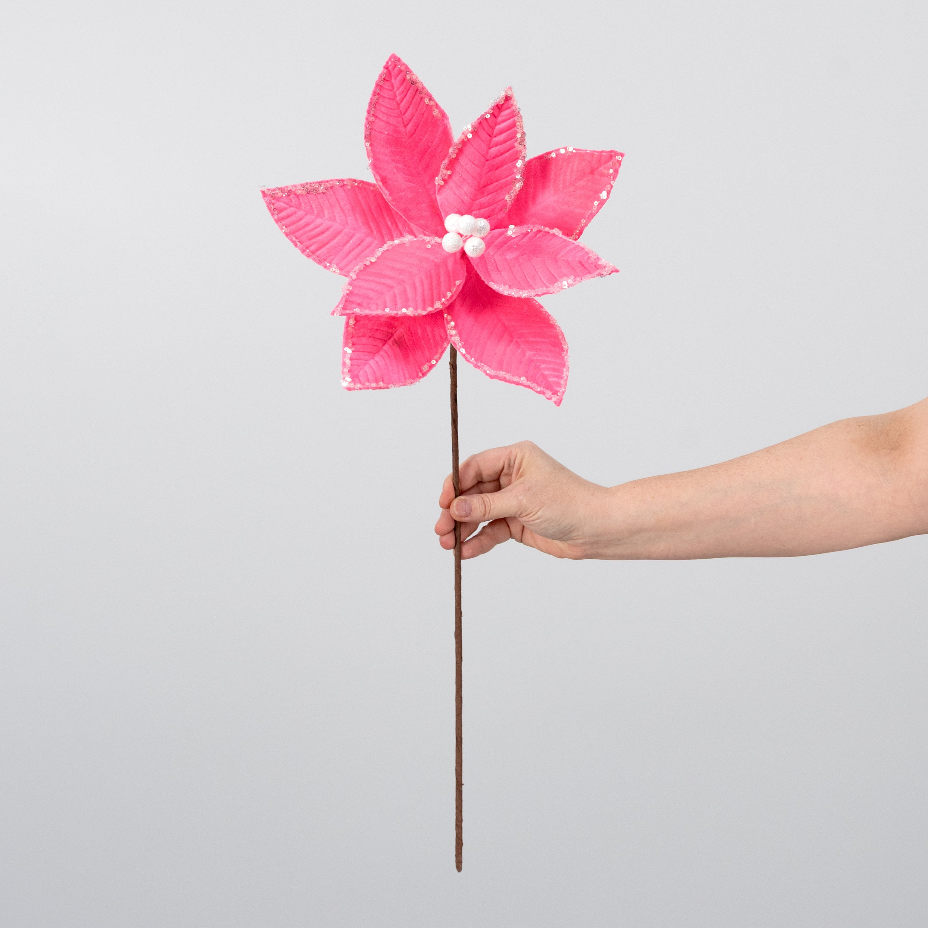 12" x 20" Embossed Velvet Poinsettia Stem: Hot Pink Sherbert detail photo 3