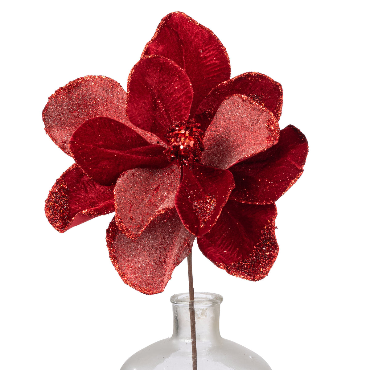 12" x 20" Glittered Velvet & Jewel Magnolia Stem: Red Item Number: 253339