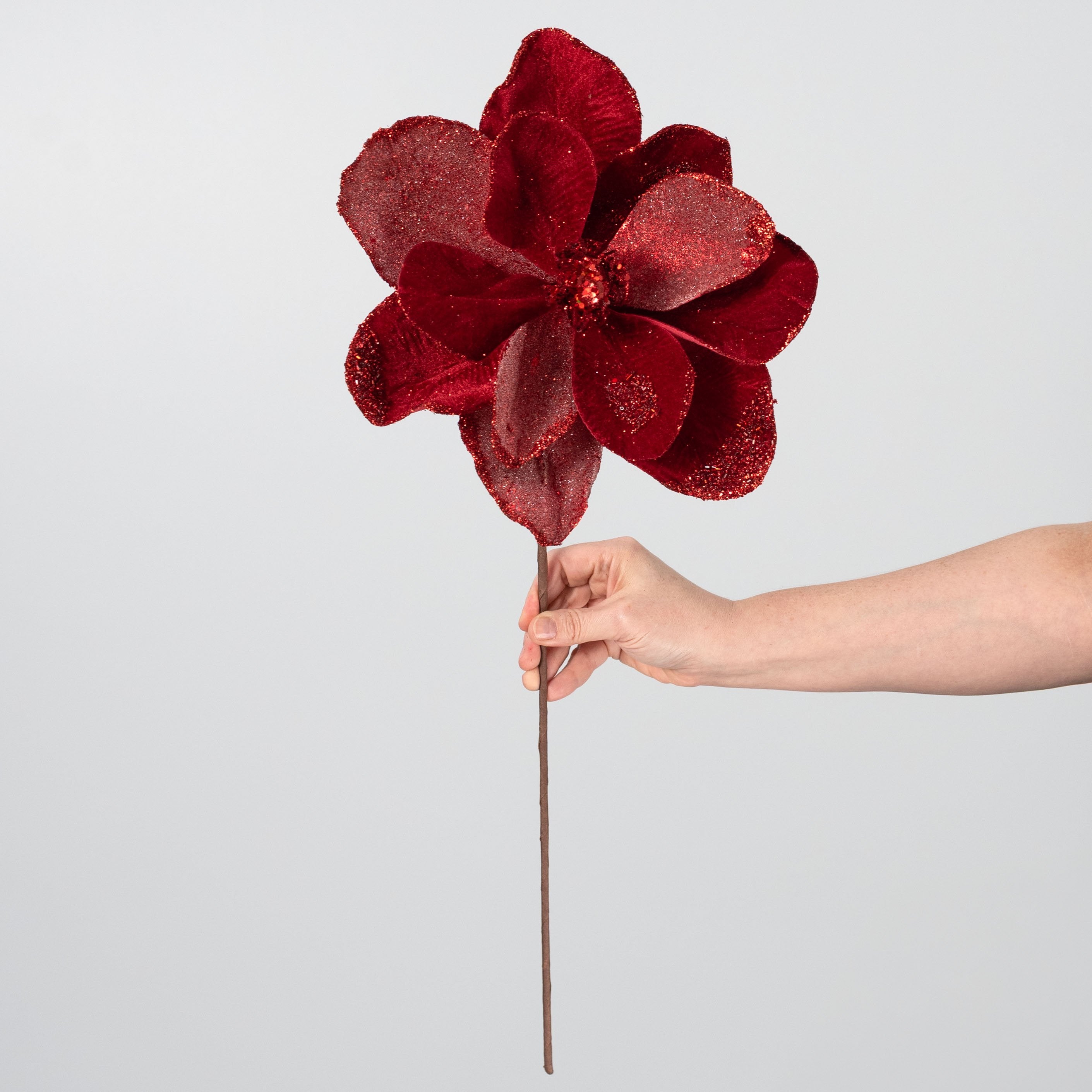 12" x 20" Glittered Velvet & Jewel Magnolia Stem: Red detail photo 3