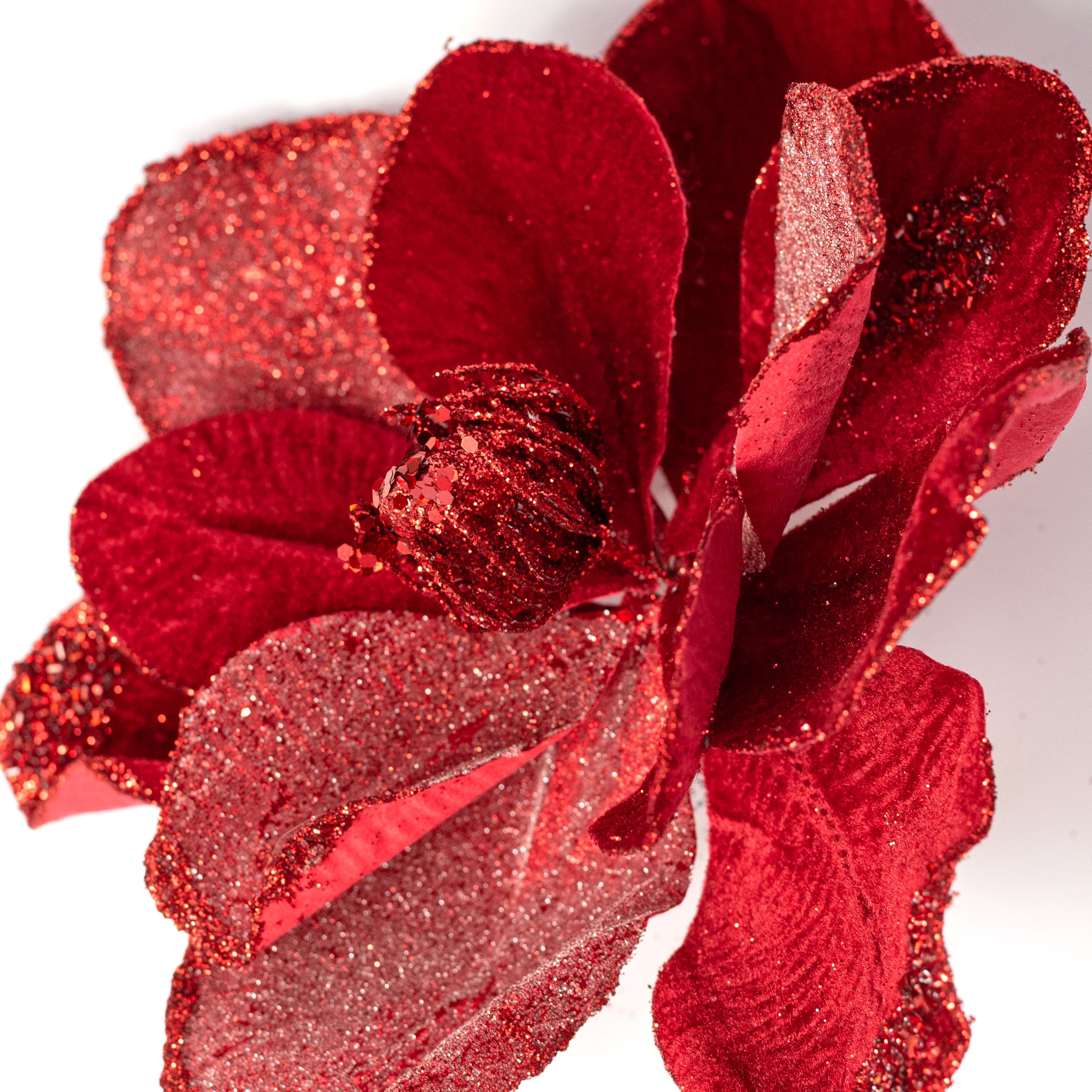 12" x 20" Glittered Velvet & Jewel Magnolia Stem: Red detail photo 4