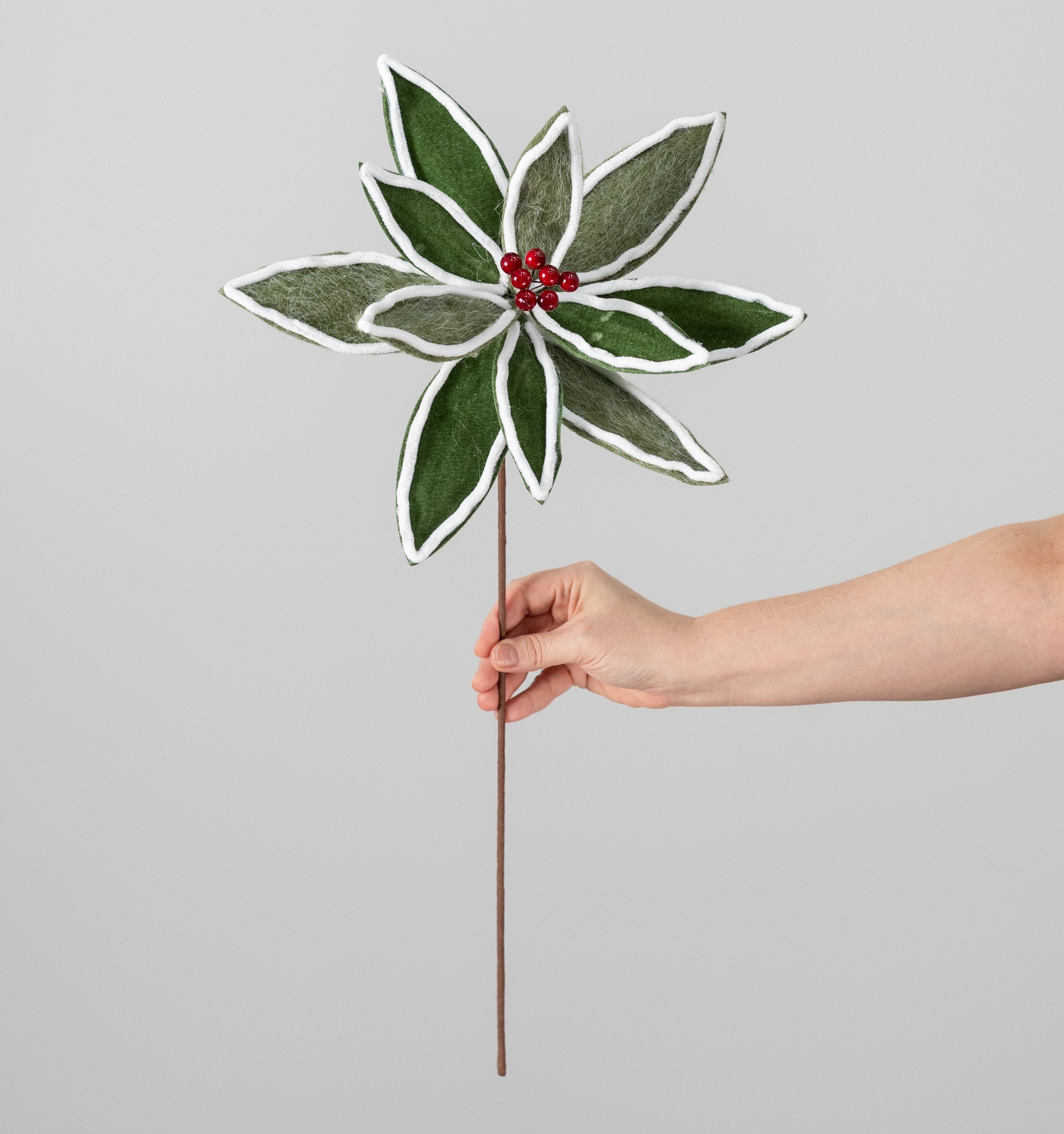 12" x 20" Wool & Velvet Poinsettia Stem: Green & White detail photo 3