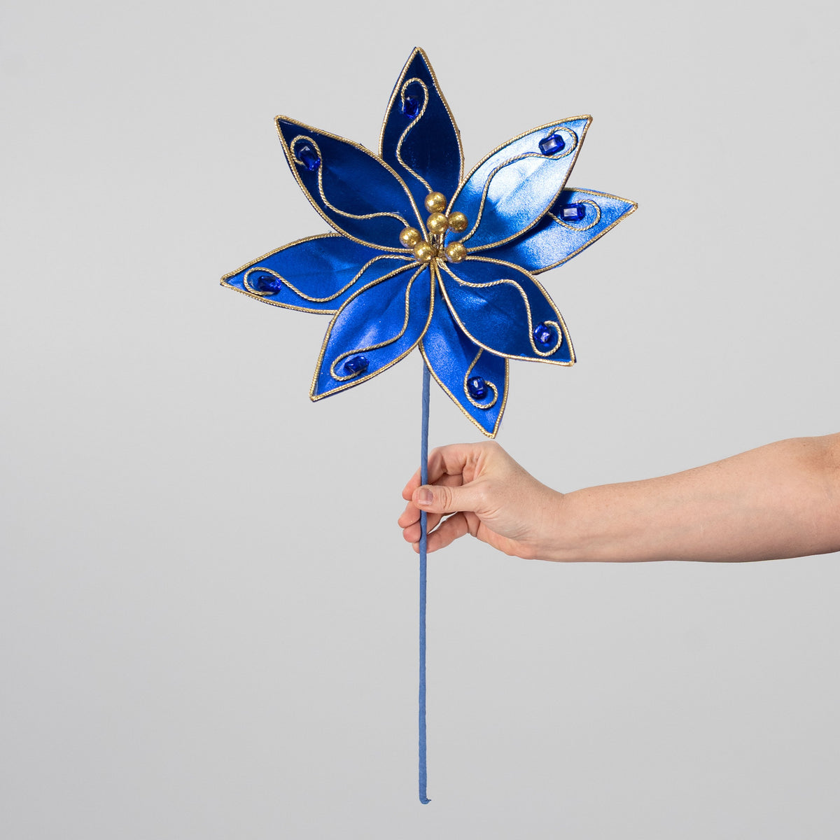 12" x 23" Metallic Gem Poinsettia Stem: Royal Blue detail photo 3