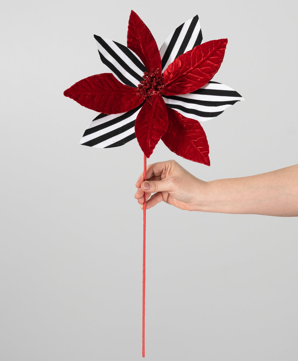 12" x 24" Embossed Velvet Stripe Poinsettia Stem: Red, Black & White detail photo 3