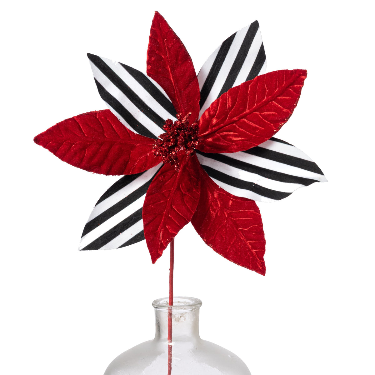 12" x 24" Embossed Velvet Stripe Poinsettia Stem: Red, Black & White Item Number: 86799RDBKWT