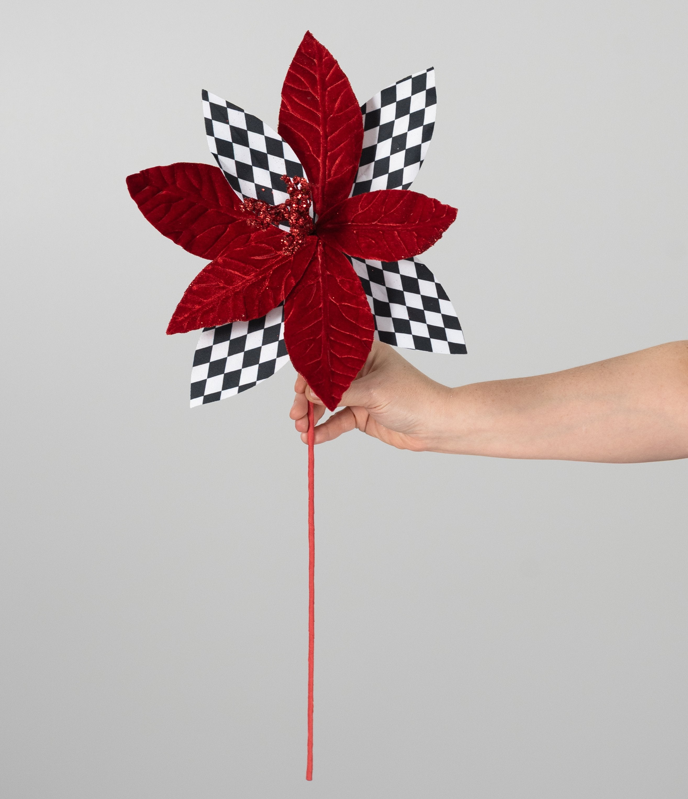 12" x 24" Harlequin Poinsettia Stem: Red, Black & White detail photo 3